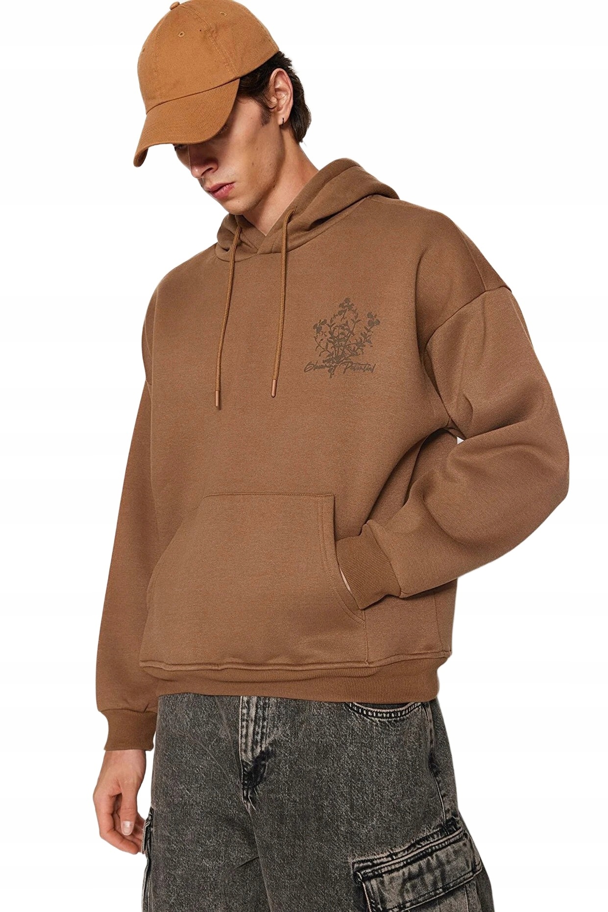 Trendyol Man Pánská Mikina S Kapucí Hnědá S Potiskem XL 5DA*