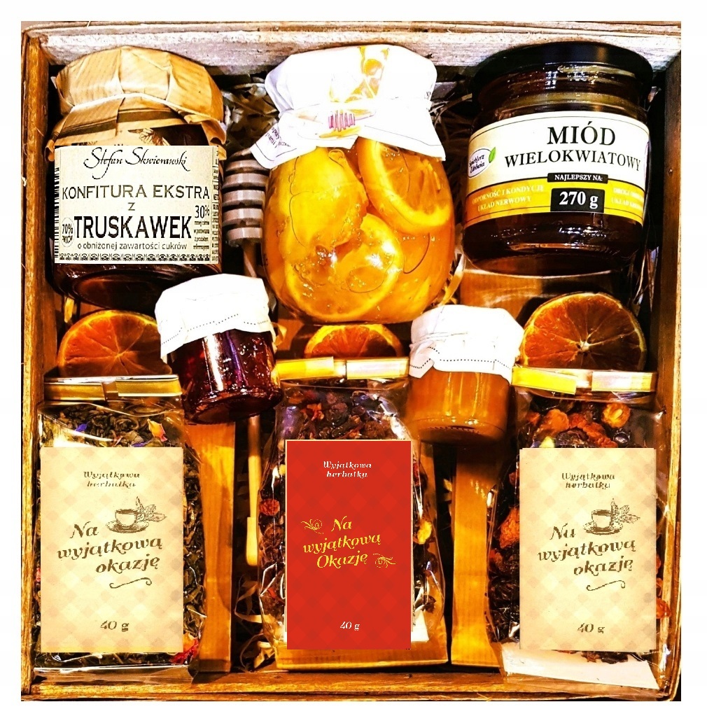 Levně Koš Dárková Sada Dárek Dárkové Balení Čaje Med Malina Pochoutky