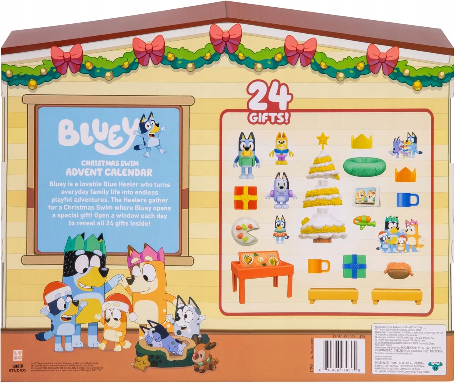Адвент-календарь Bluey Christmas Swim, 2 фигурки, 19 аксессуаров и наклейки, от 3 лет — фото 3