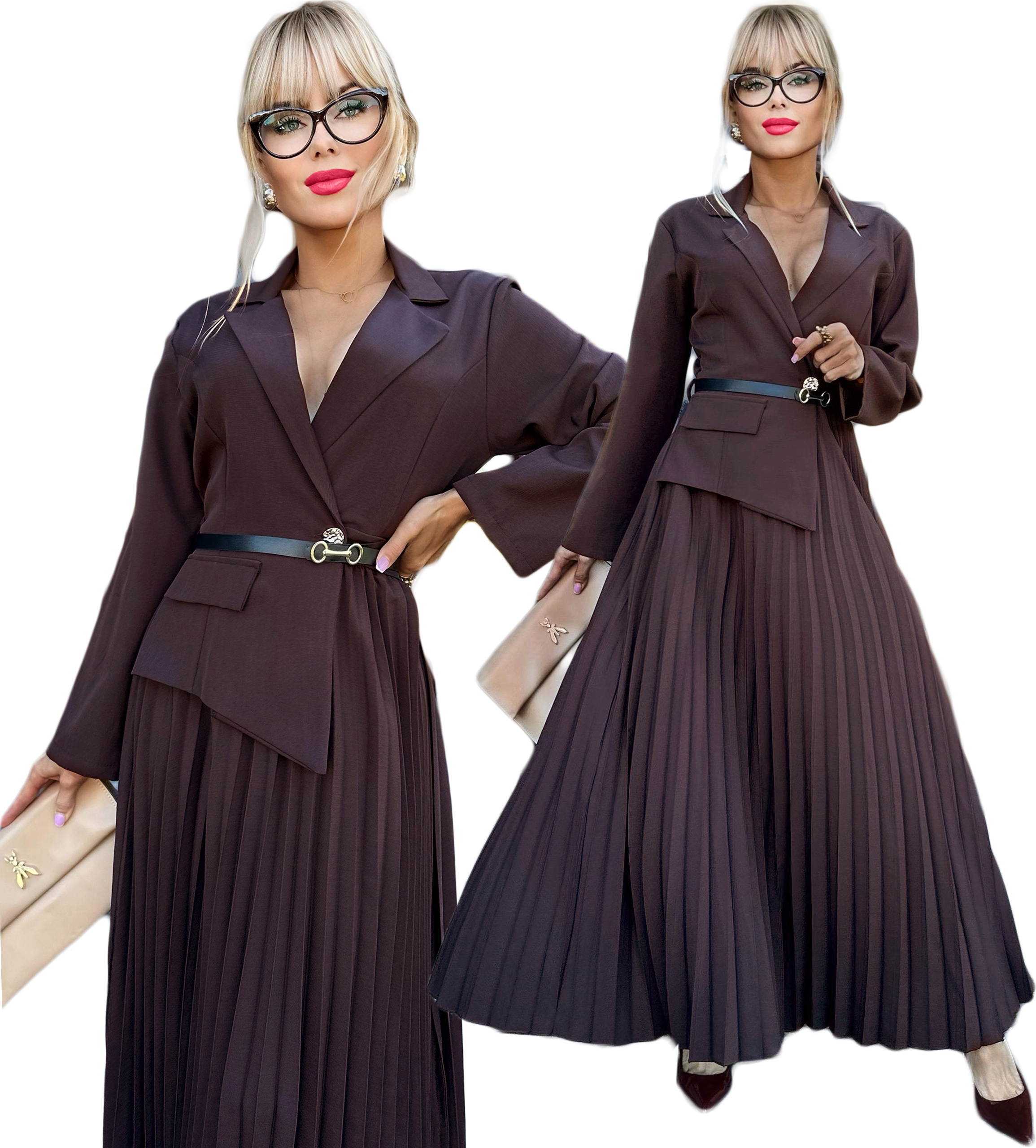 Czekoladowa wizytowa plisowana maxi Sukienka damska Odetta