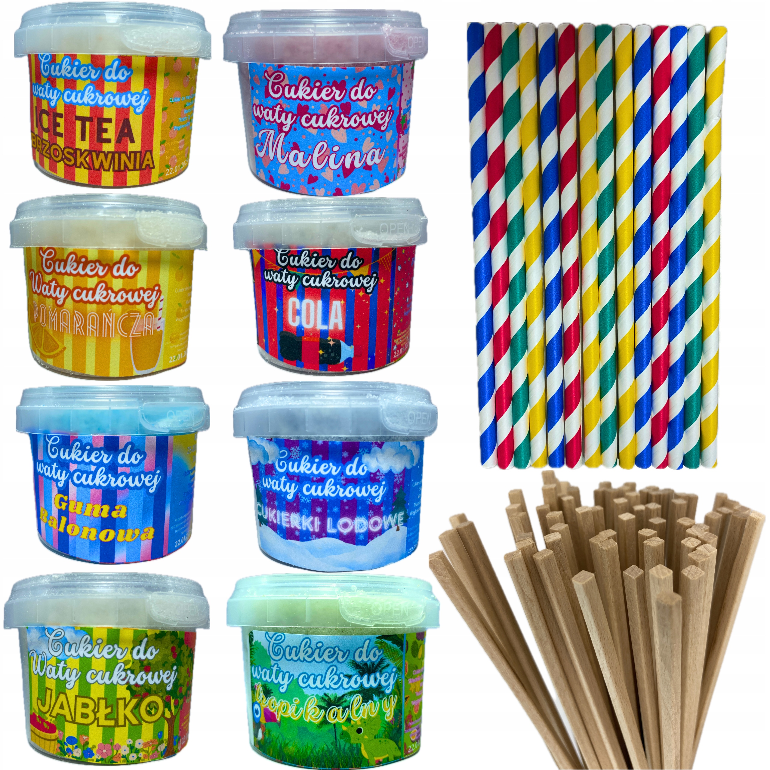 ZESTAW Cukier do waty cukrowej 8 x 100 gram + PATYCZKI I MIARKA