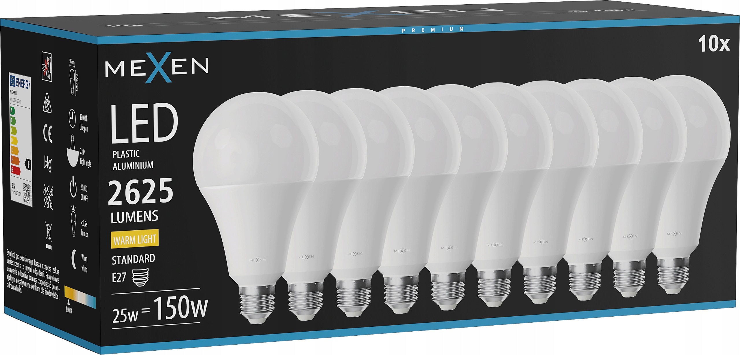 Mexen Nova 10× Led žárovka E27 A95, 25 W, teplá bílá 3000 K, 90×175 mm