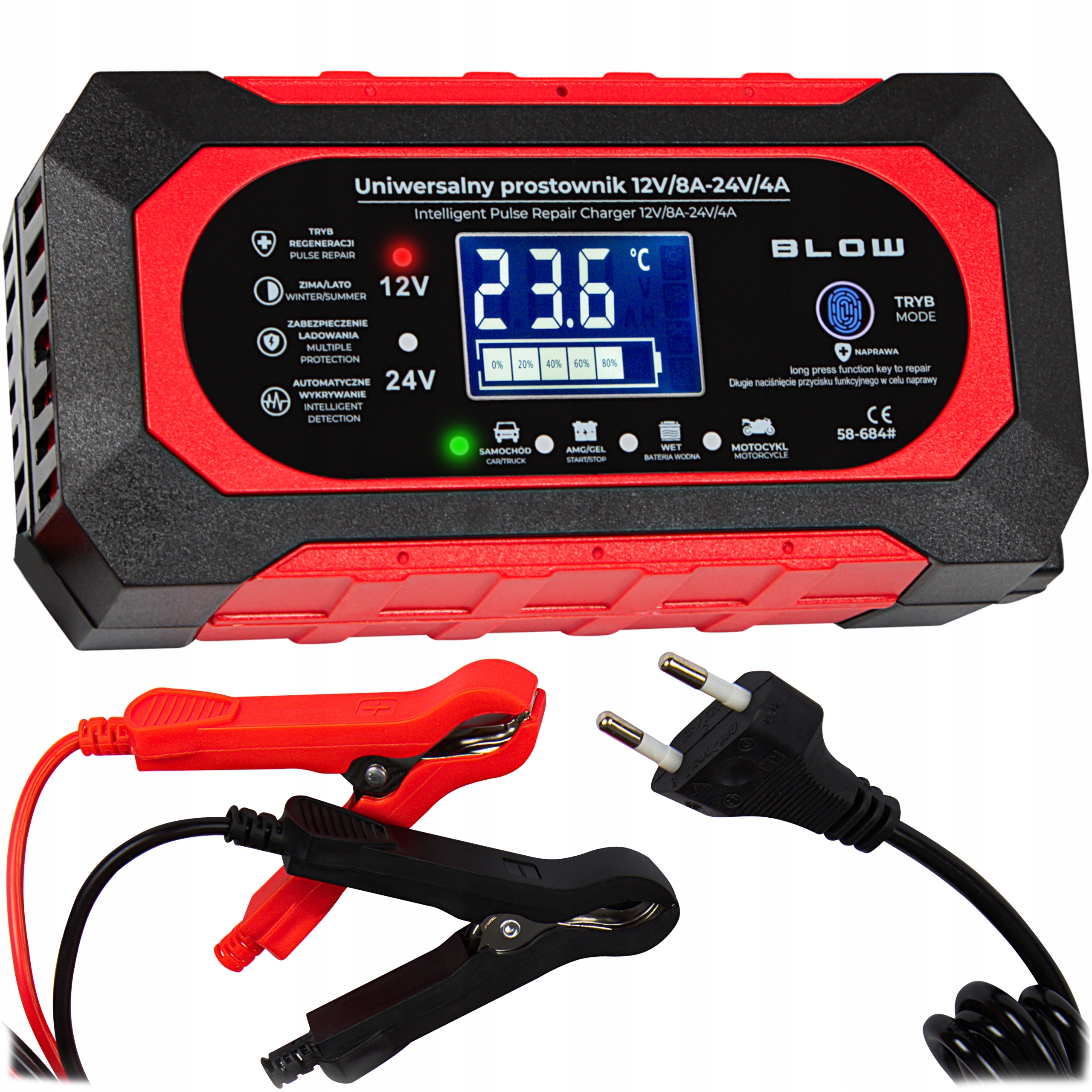 Automatyczny Inteligentny Prostownik Ładowarka Akumulatora LCD 24V 12V 8A