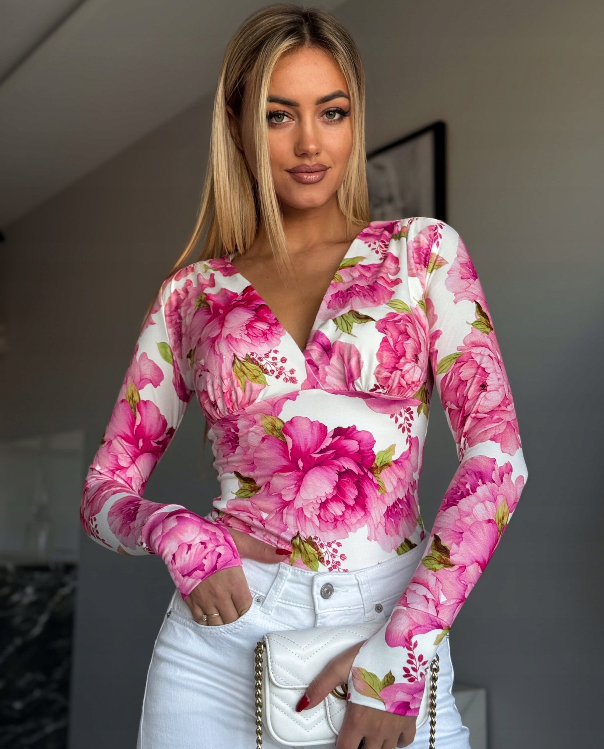 Elegantní halenka Marina Nová Kolekce Nasazovací Prst Růže Květiny Vzor Xs