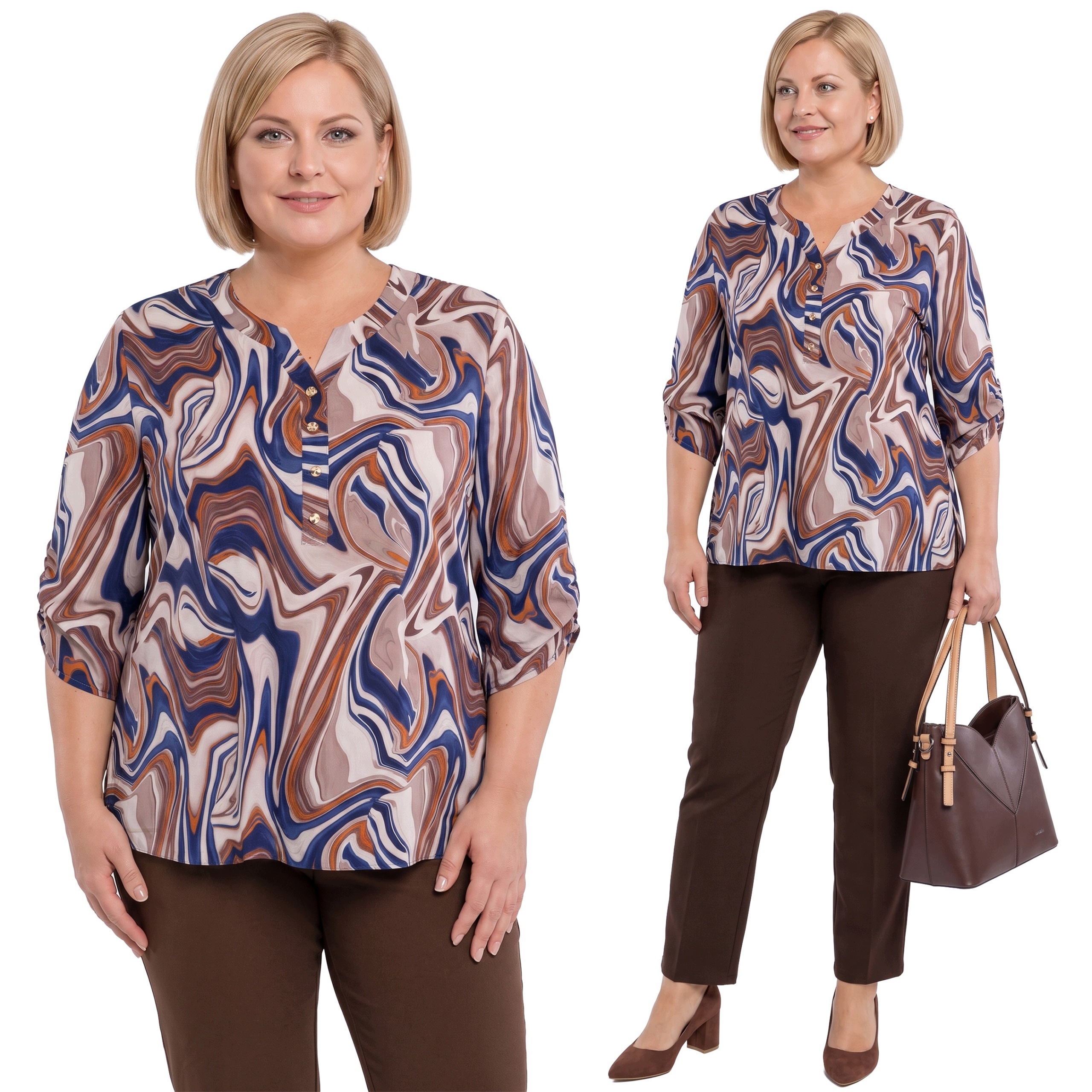 Béžová halenka s chrpově oranžovými vzory plus size velikost 50