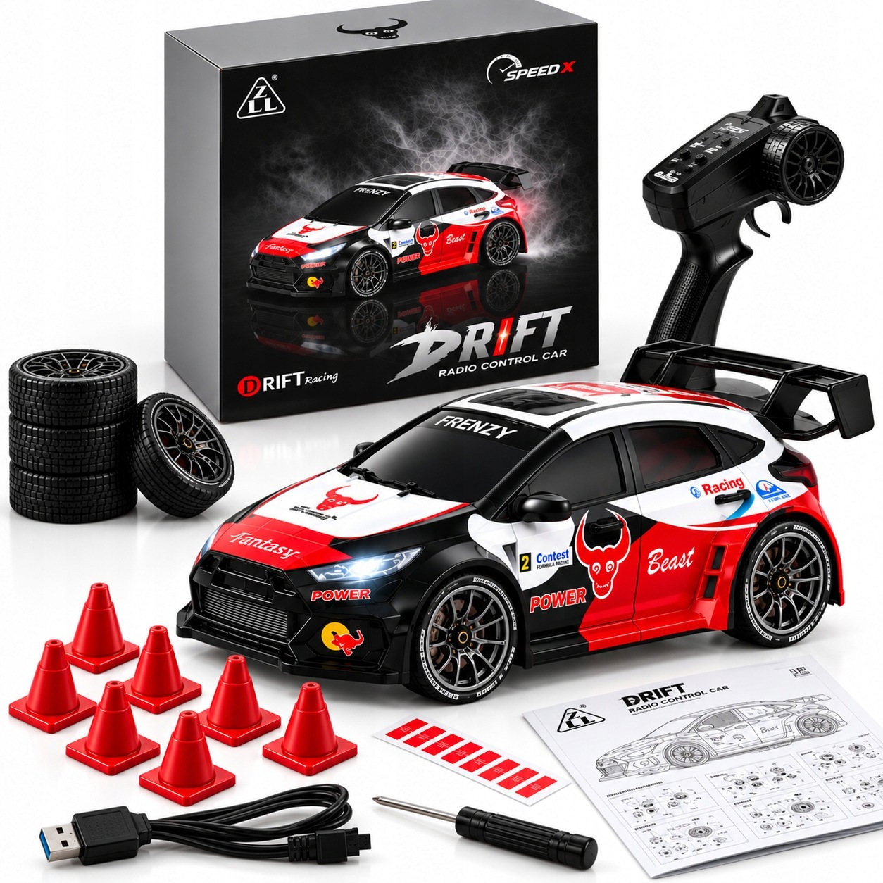 Samochód Zdalnie Sterowany Rc Drift 4WD Led Iskry Dodatkowe Opony 20KMH