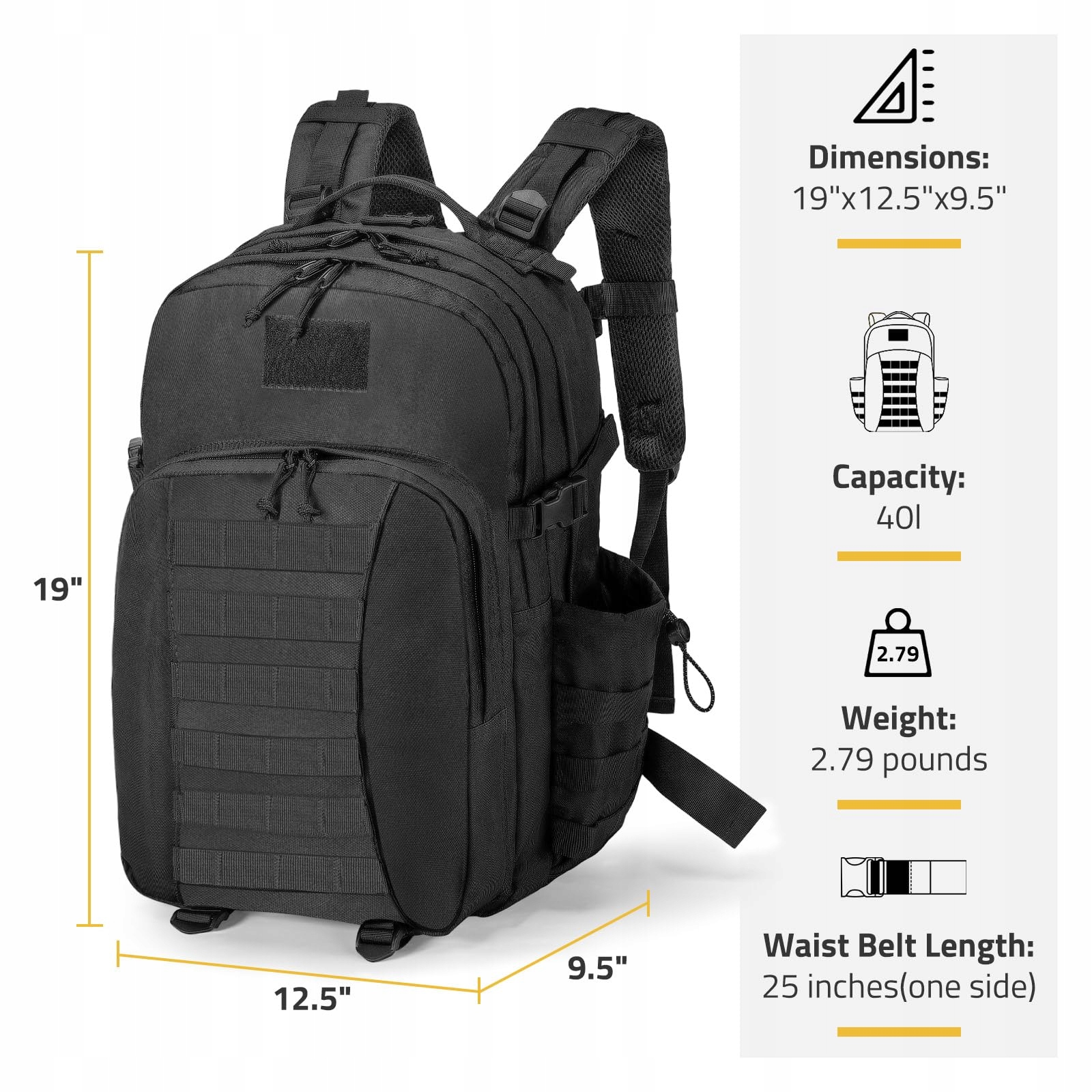 WISERSET 40L Czarny Plecak Taktyczny Turystyczny dla Mężczyzn i Kobiet — miniatura 3