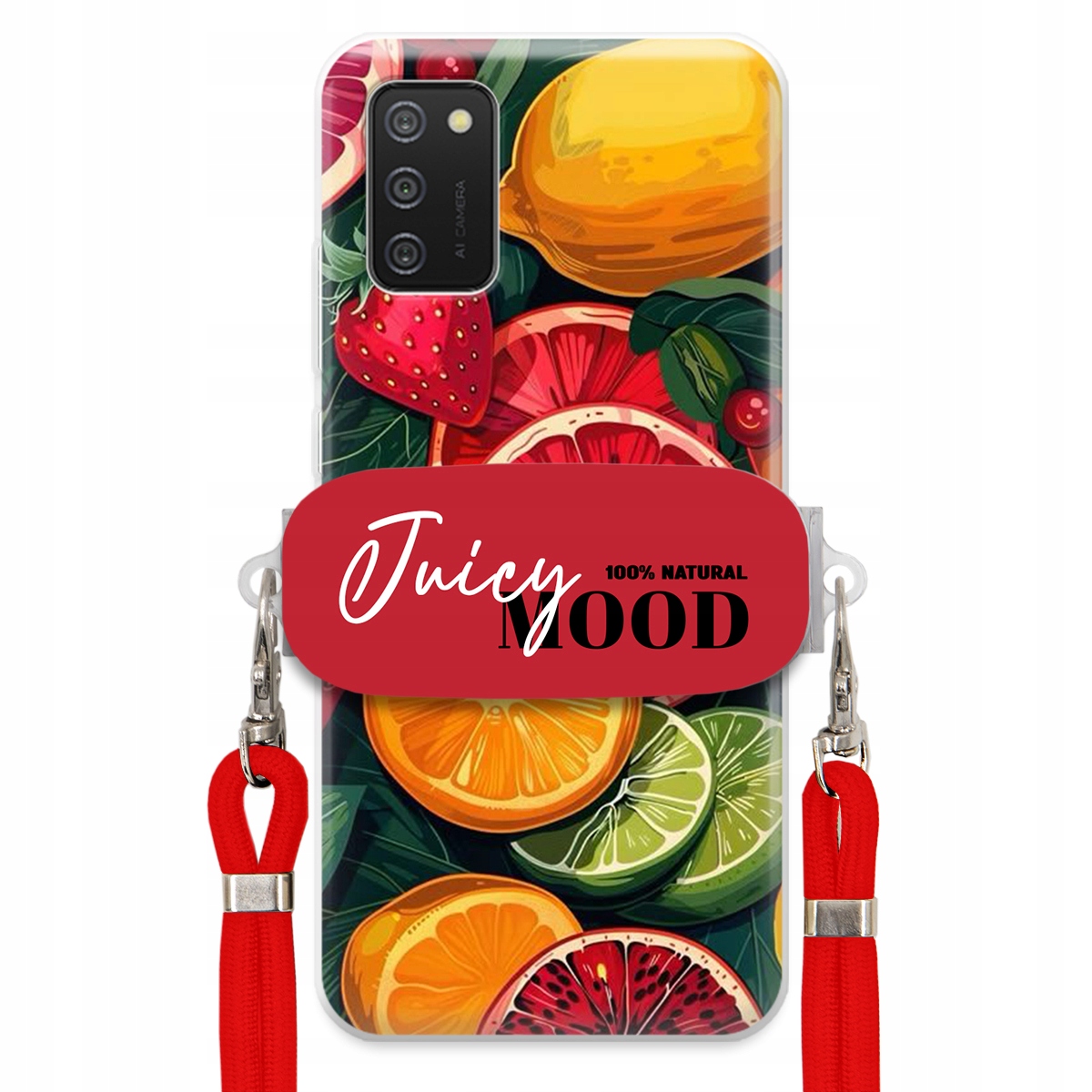 Puzdro pre Samsung A02S Červené Crossbody vodítko držiak Juice Mood Ovocie