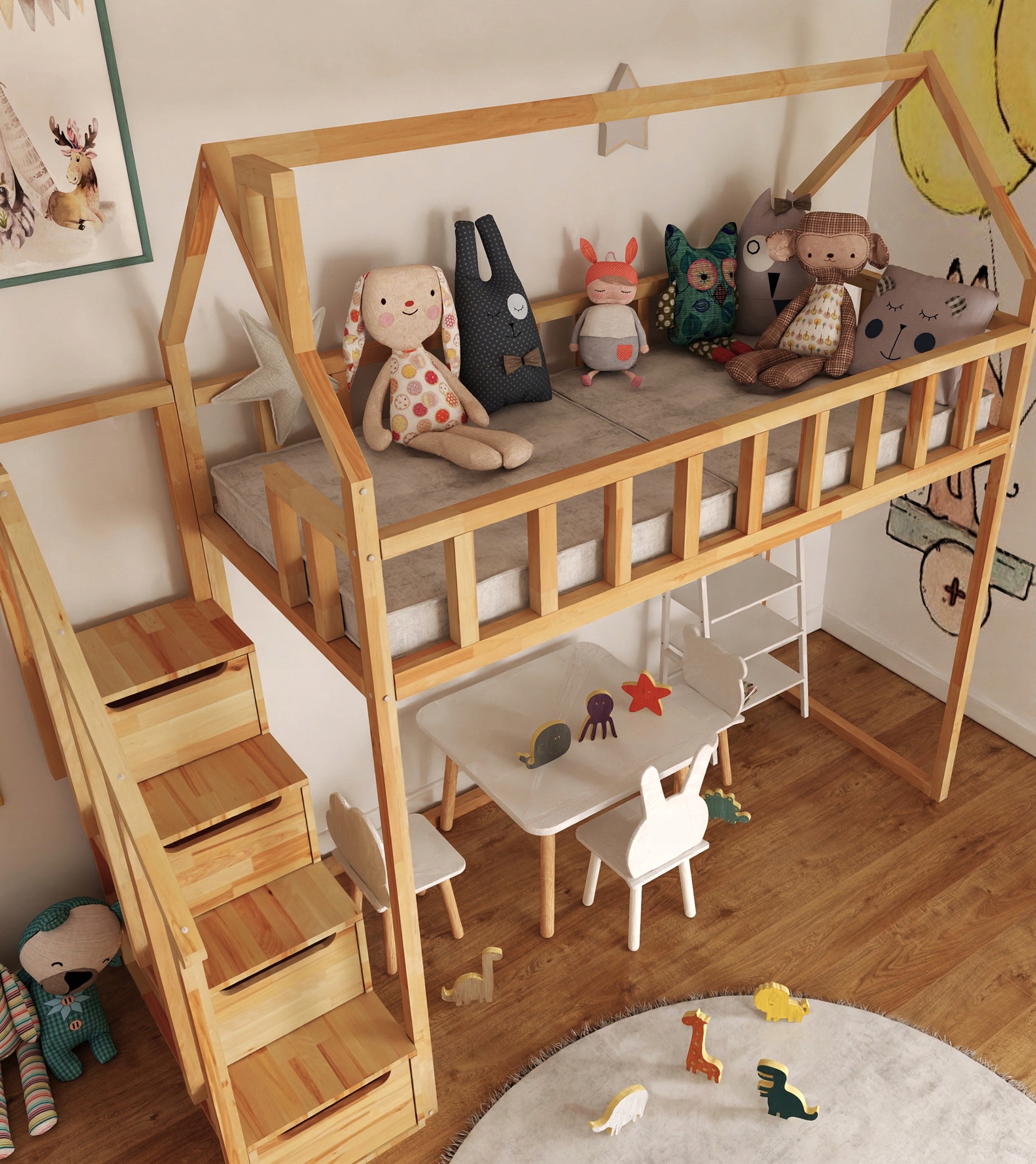 Łóżko domek na antresoli ze schodkami 160x80cm Szerokość produktu 80 cm