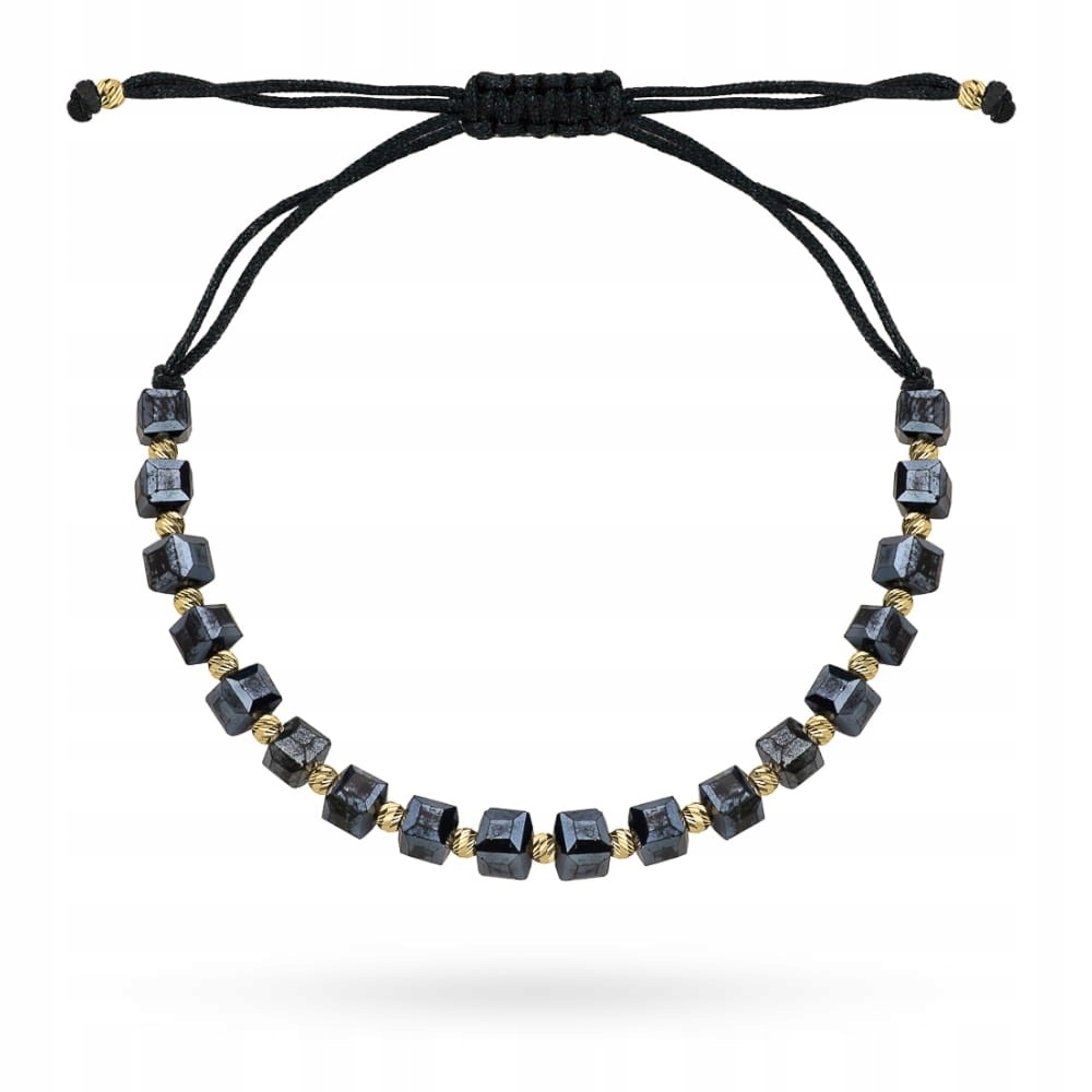 Černý Provázkový Náramek Se Zlatými Kuličkami 585 Grafitové Kameny