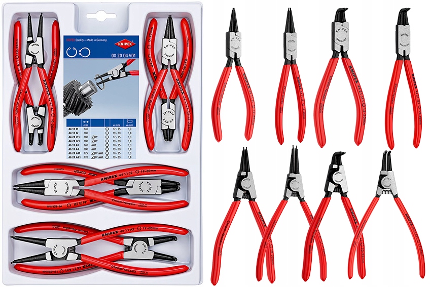 Kleště na kroužky Segera sada Knipex 8ks 10-60 mm vnitřní vnější kufr