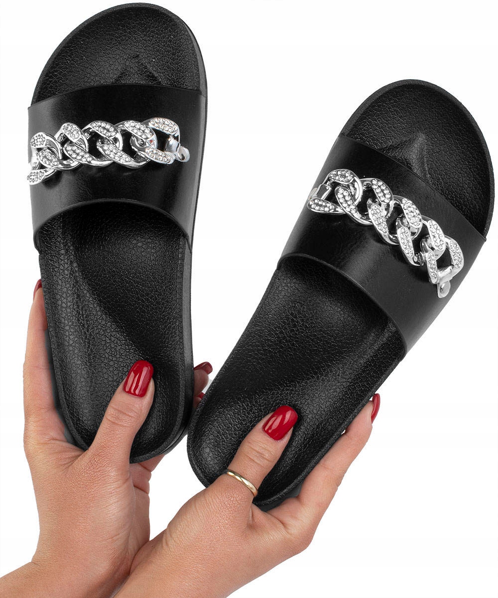 

Czarne Eleganckie Klapki Z Łańcuchem 39