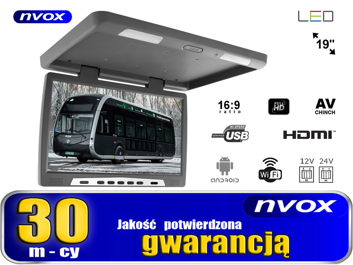 Monitor samochodowy podwieszany android 19' FullHD Montaż pod sufitem
