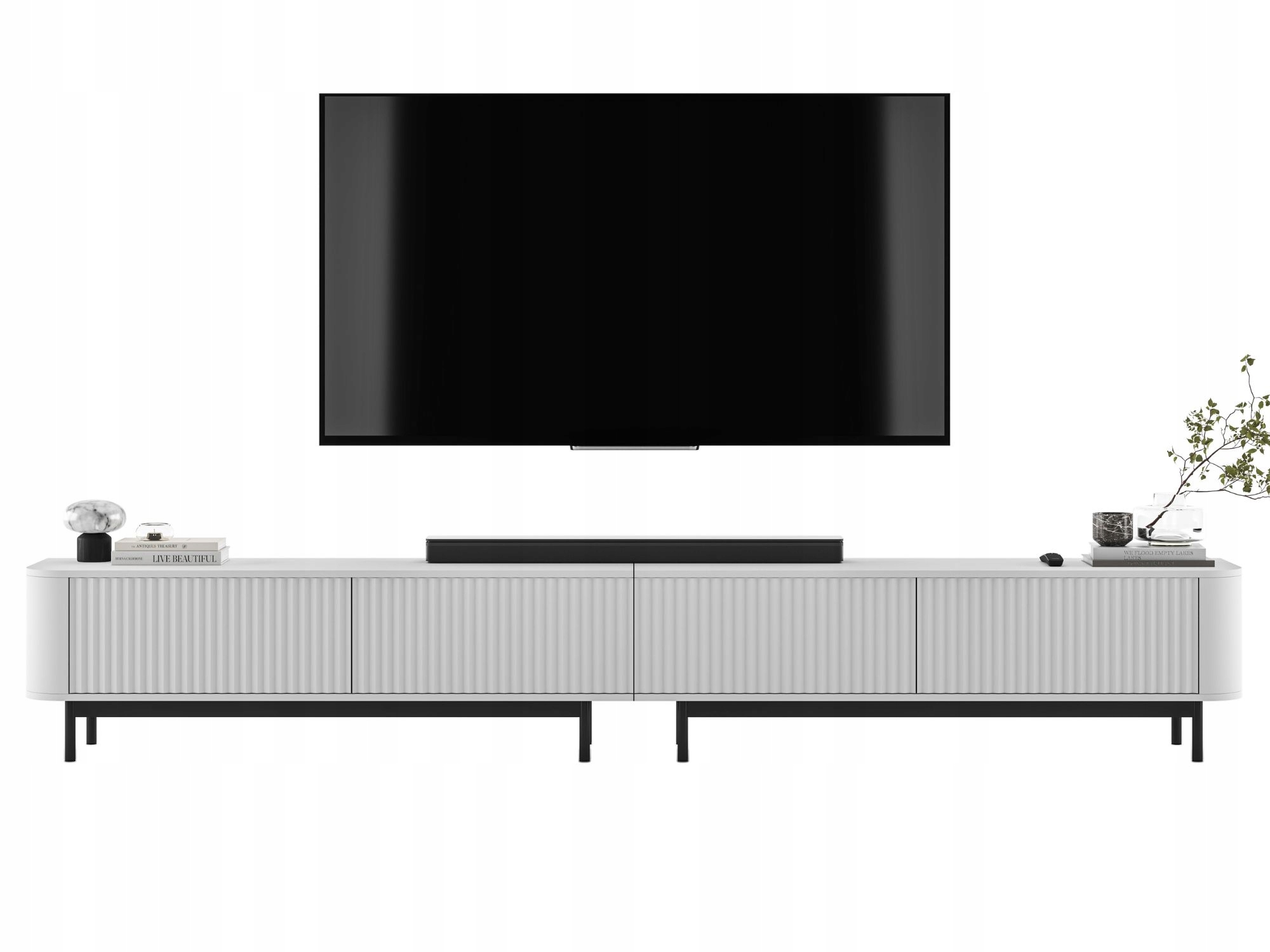 Komoda Rtv 280 CM Glamour Biały Mat Czarny Stelaż Szafka Rtv