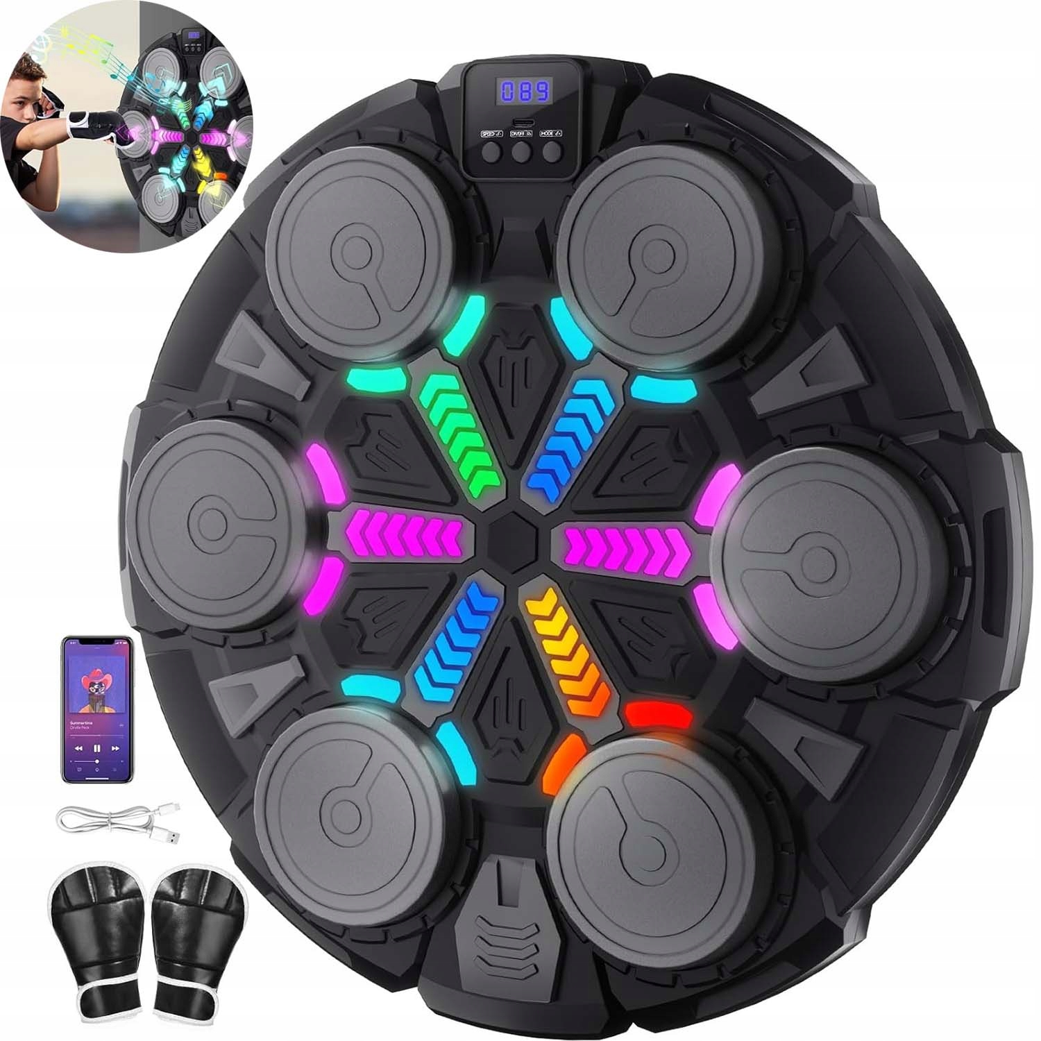Boxerský Trenažér Pro Montáž Na Stěnu Hudba RGB+1 Pár Boxerských Rukavic