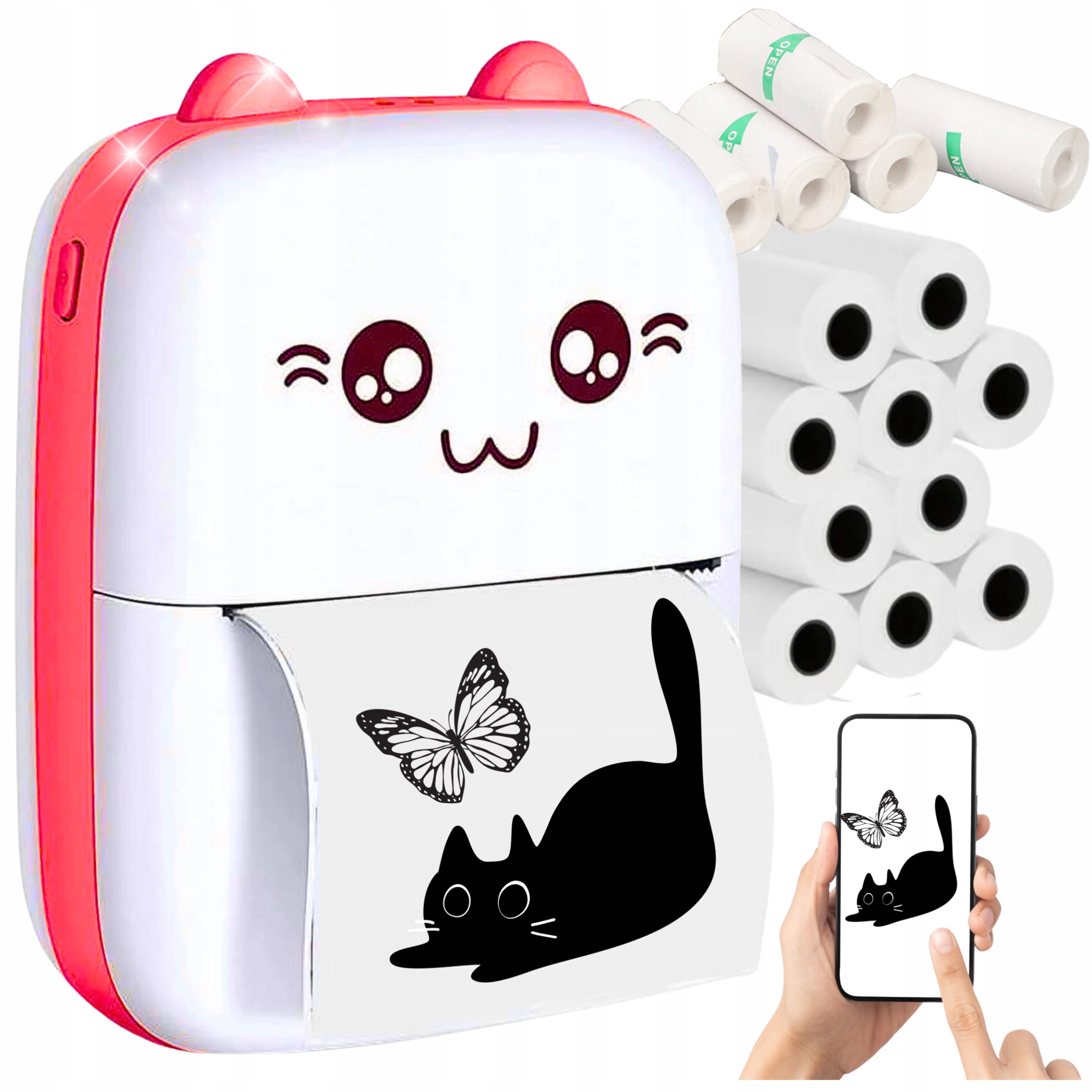 DRUKARKA TERMICZNA MINI DRUKUŚ KOTEK RÓŻOWY + 16 ROLEK