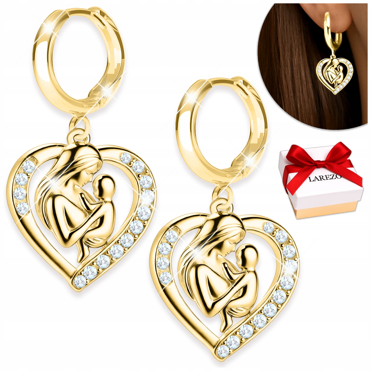 Zlaté Náušnice se srdíčky a kubickými zirkony, visící matka s dítětem, Stříbro 925