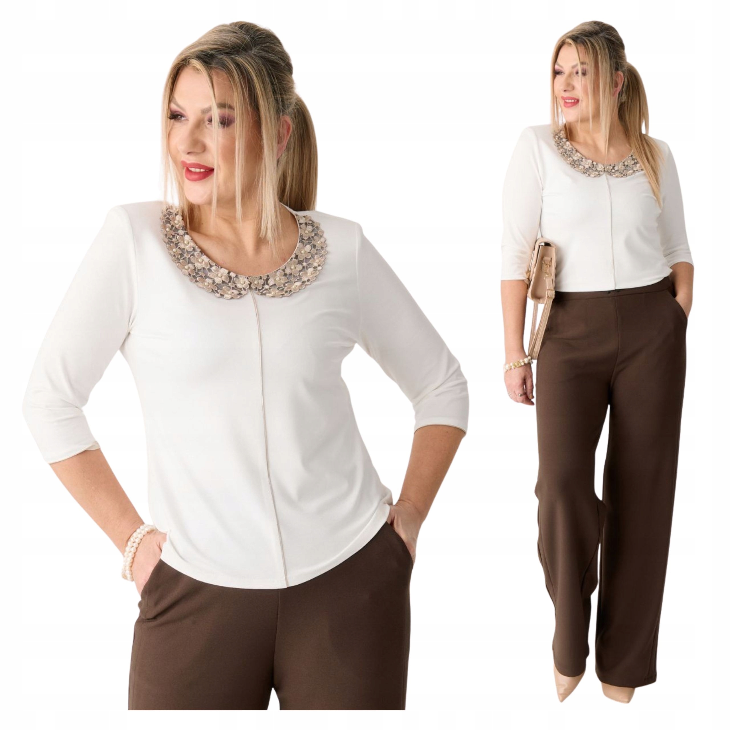 Bluzka damska z ozdobnym kołnierzem wizytowa Polski Producent duże rozmiary