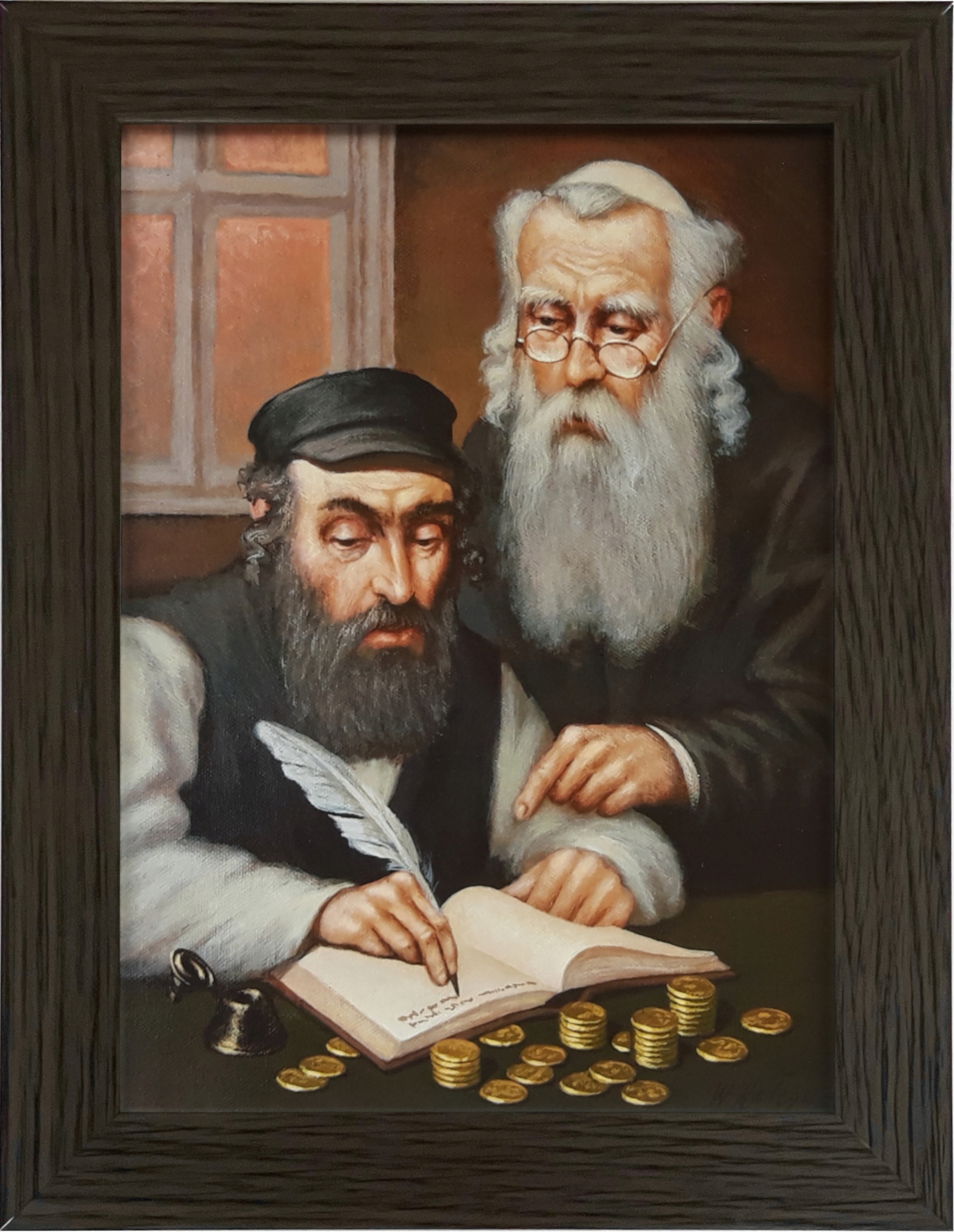 OBRAZ 29x22 ŻYD LICZĄCY PIENIĄDZE RAMA WENGE