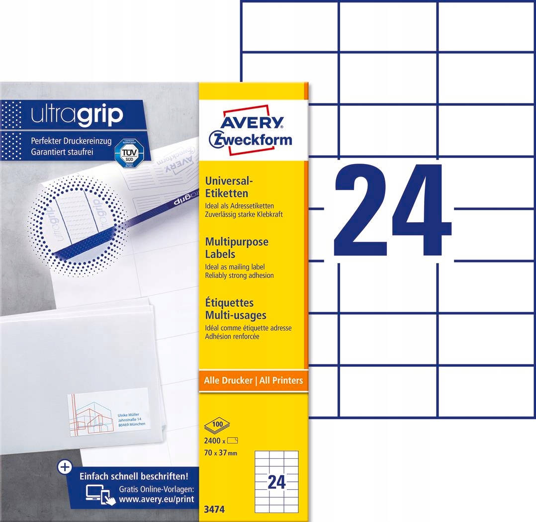 Trvalé univerzální etikety 3474 70 x 37 100 listů bílé Avery Zweckform
