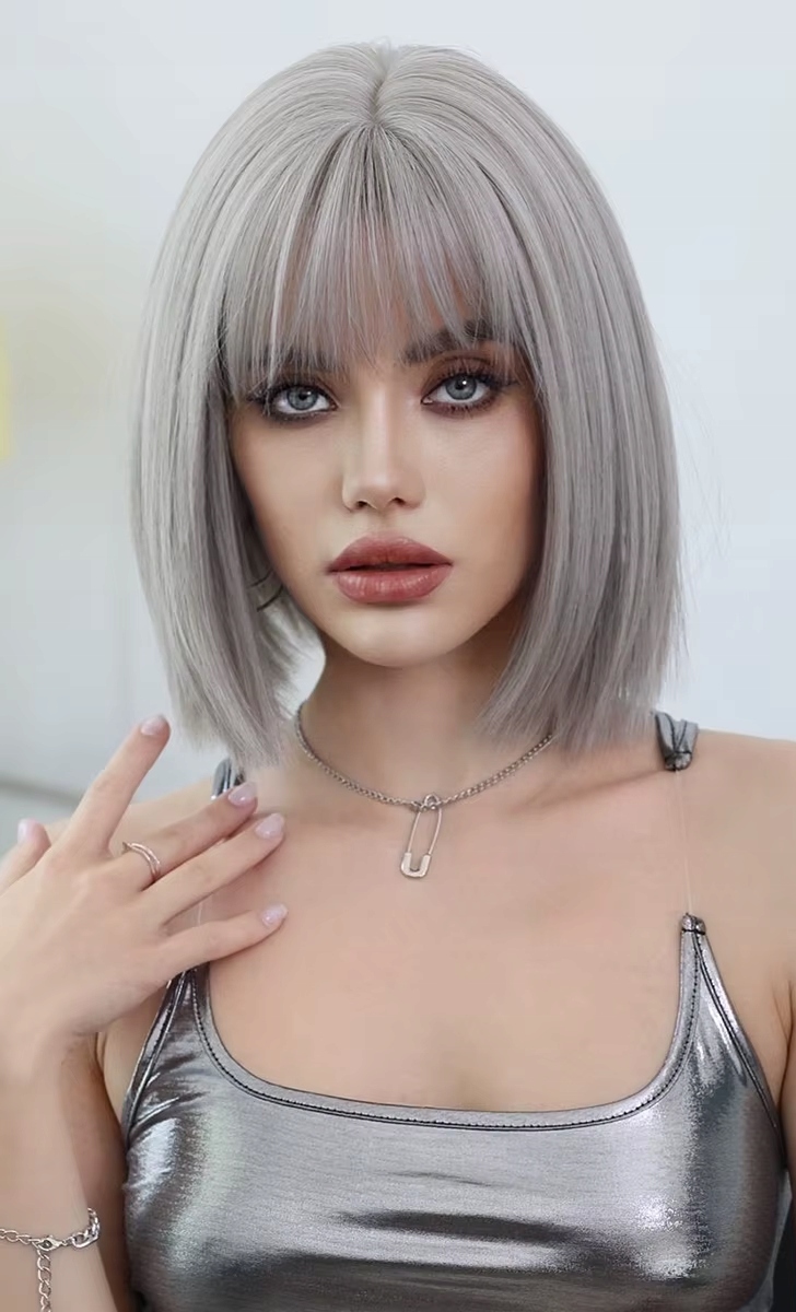 Dámská Syntetická Paruka Bob polodlouhá s hřívou tmavě šedivá až k ramenům