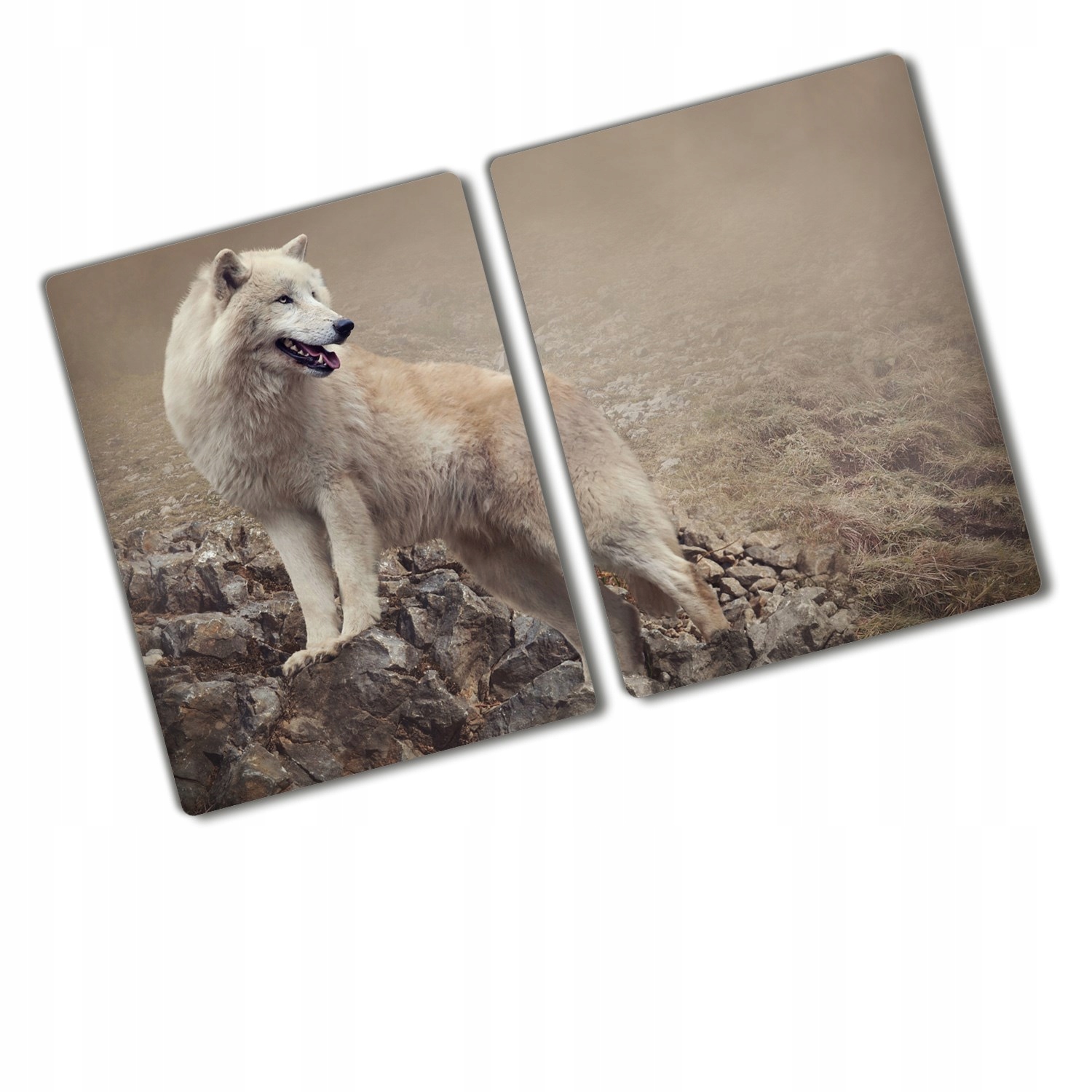 

Deska kuchenna szklana duża Biały wilk na skale