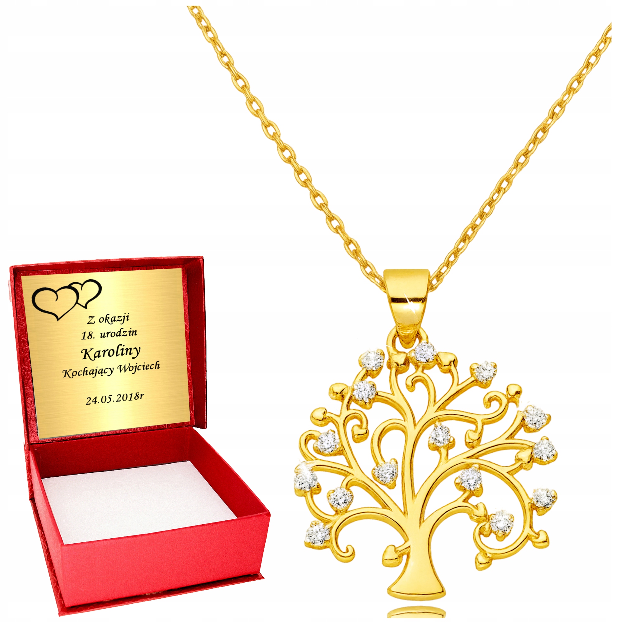 Złoty Łańcuszek 925 Naszyjnik Drzewko Szczęścia Drzewo Życia Grawer