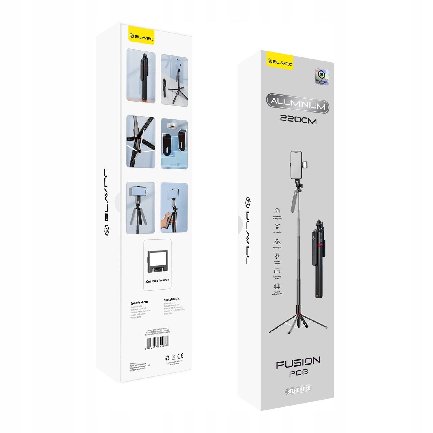 Blavec Selfie tyč Aluminium Fusion P08 tripod dálkové ovládání 1 lampa 2,2 metru