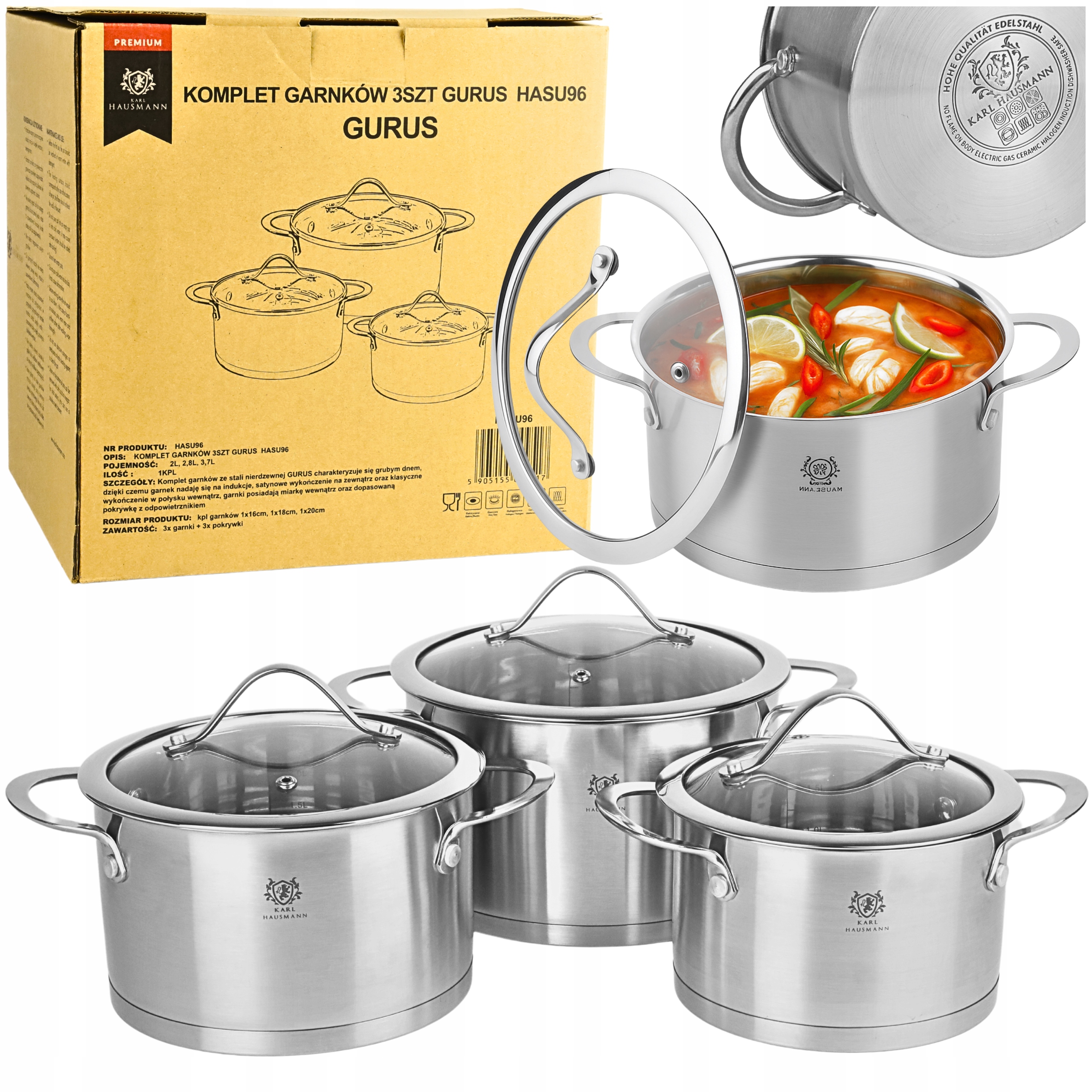 Komplet Hrnců 6 ks Hrnce Na Indukci Plyn z nerezové oceli 18/0