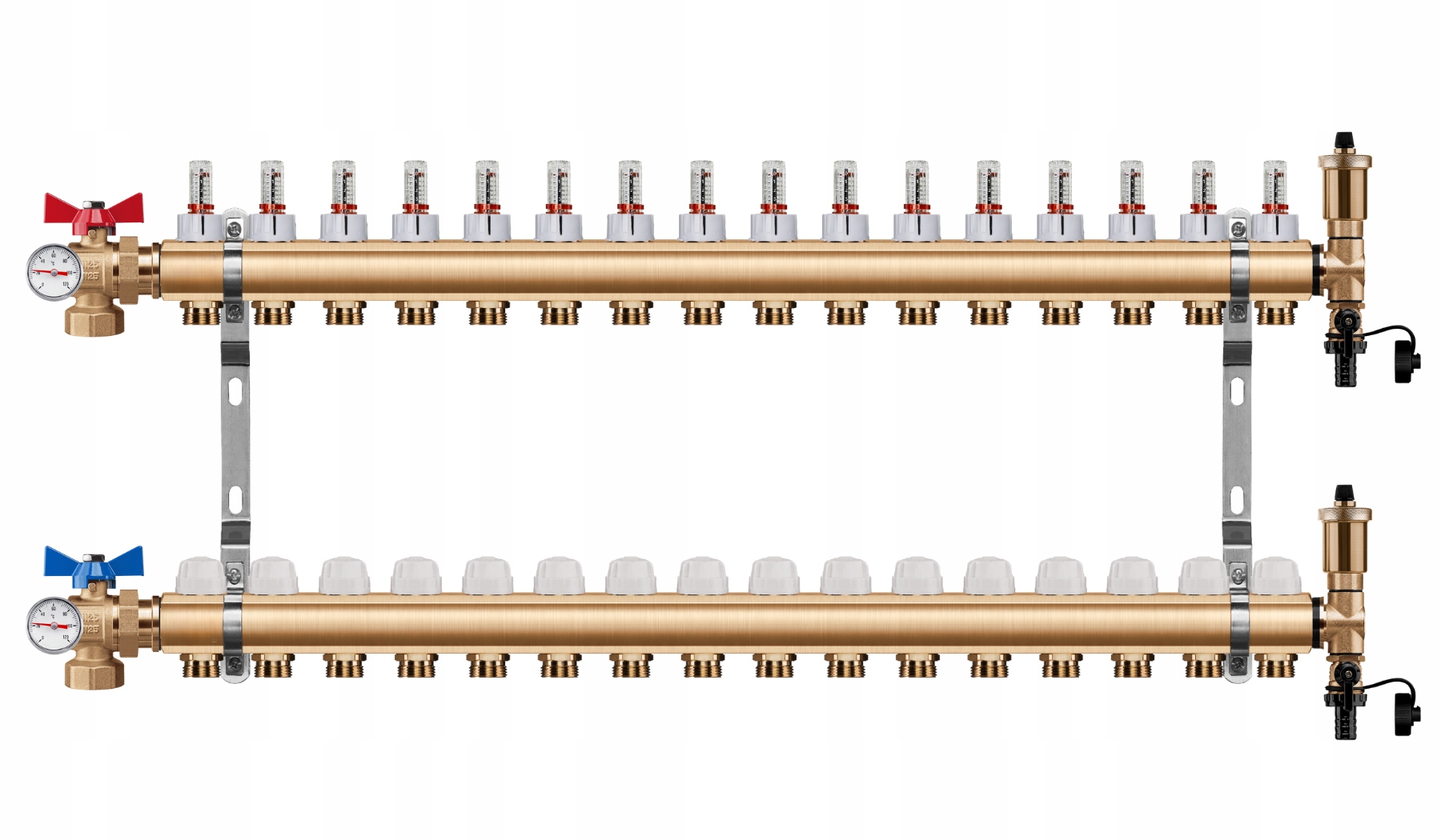 Rozdělovač Podlahy 16 Okruhů Úhlový Kulový Ventil Teploměr Pex