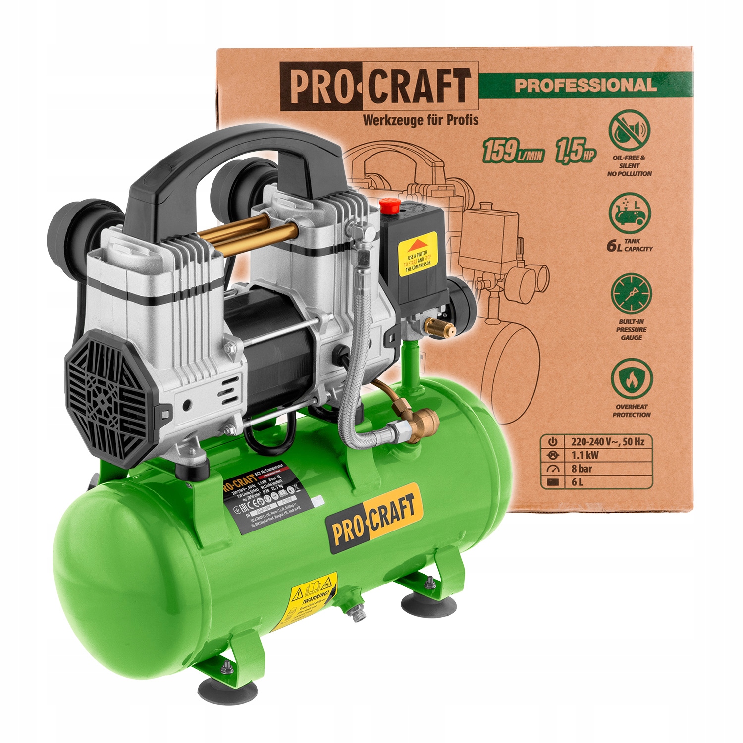 Bezolejový kompresor Procraft AC7, 159l/min