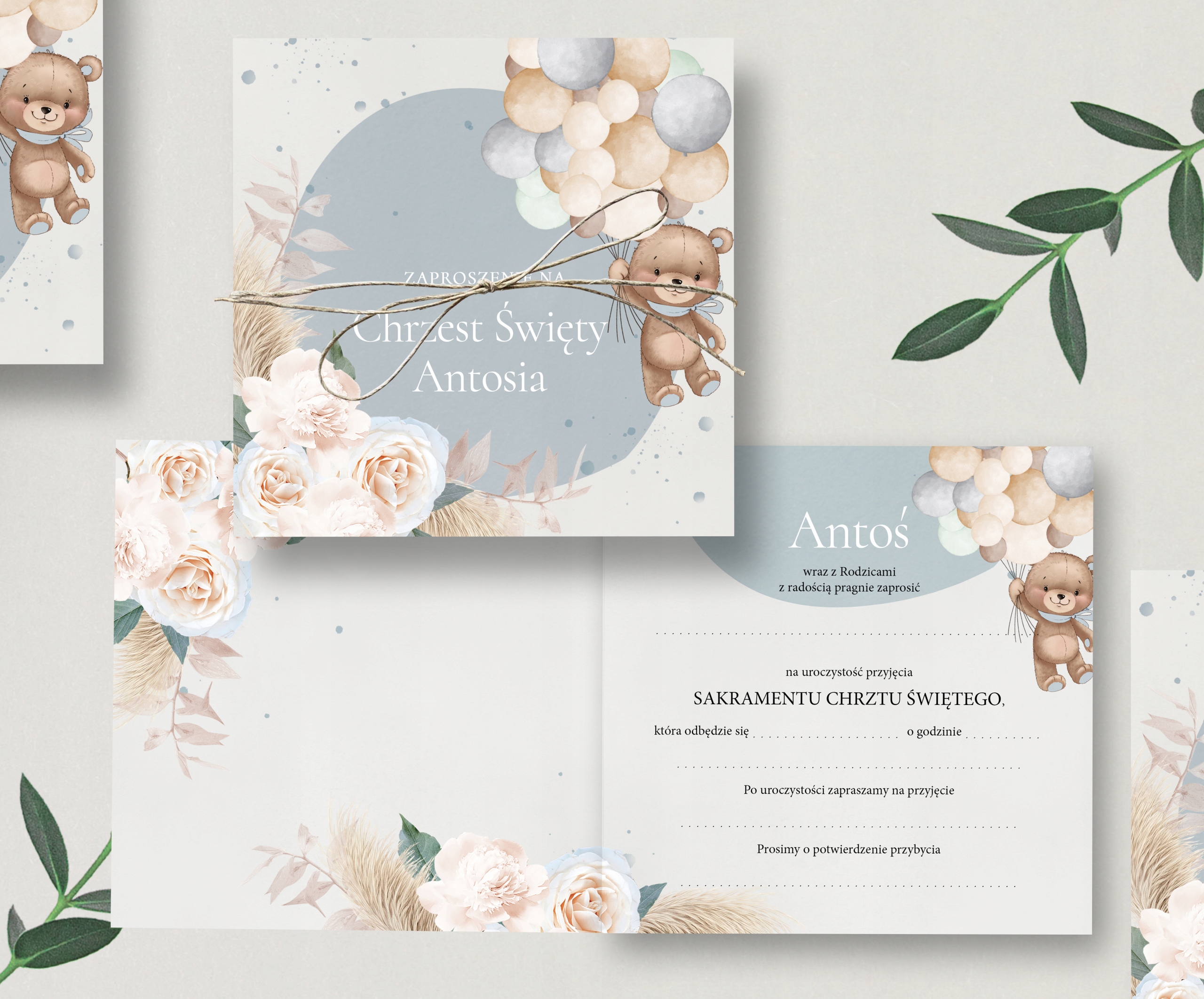 Zaproszenia na Chrzest Chrzciny zaproszenie Miś Niebieski Imię Koperta Wysokość produktu 14 cm