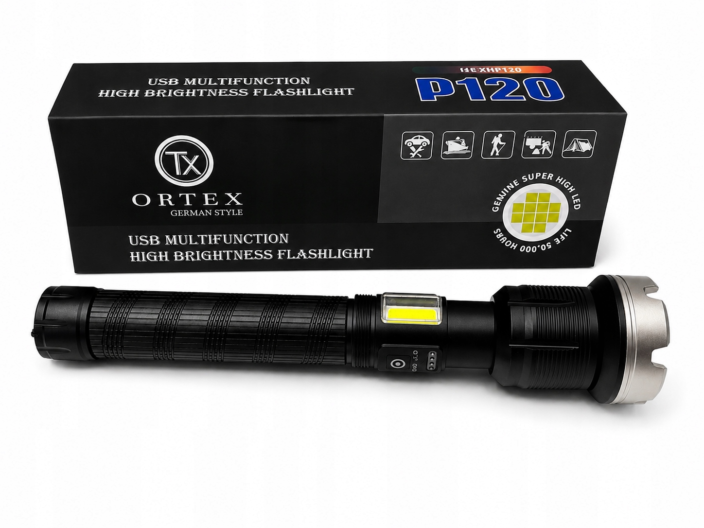Mocna Latarka Taktyczna Ortex Led Cree Xhp P120 Zoom Wojskowa Akumulatorowa