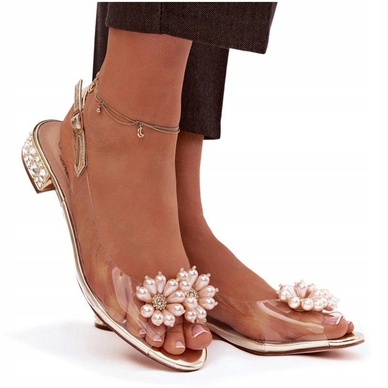 Průhledné Dámské Sandály S Nízkým Podpatkem, Ozdobné Detaily, Zlaté 41