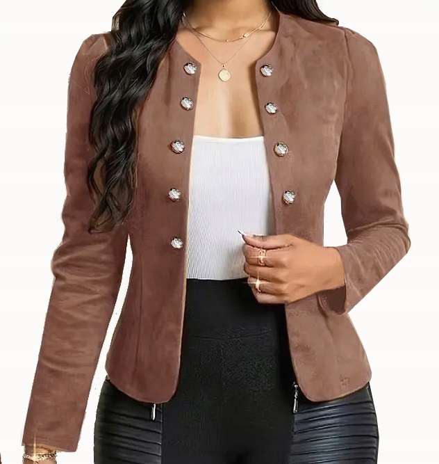 Żakiet Damski Marynarka Zamszowa Ze Złotymi Guzikami Brązowy L/XL 40 42