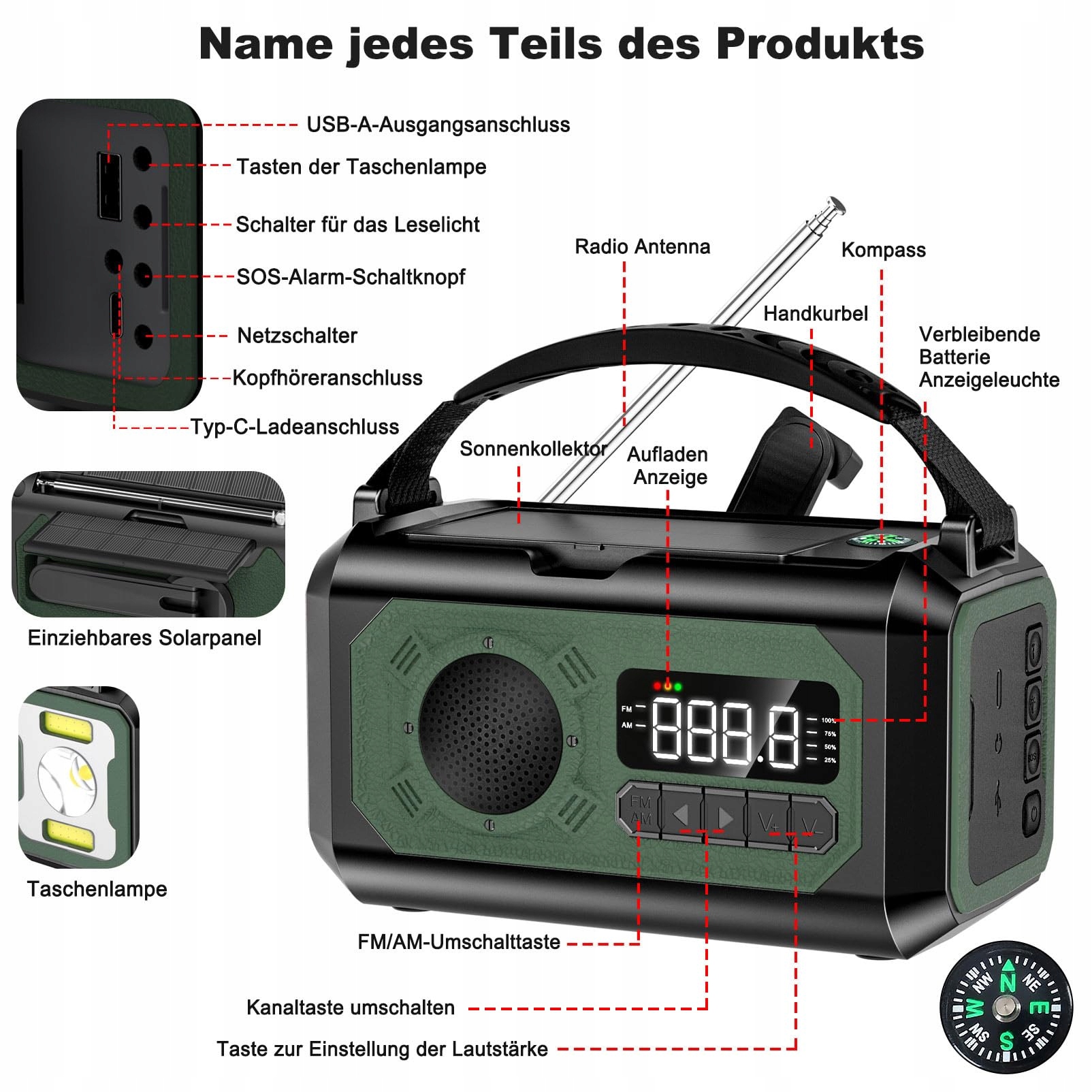 SOLARIS Radio Awaryjne 12000mAh Z Ładowarką Słoneczną AM/FM SOS — miniatura 8
