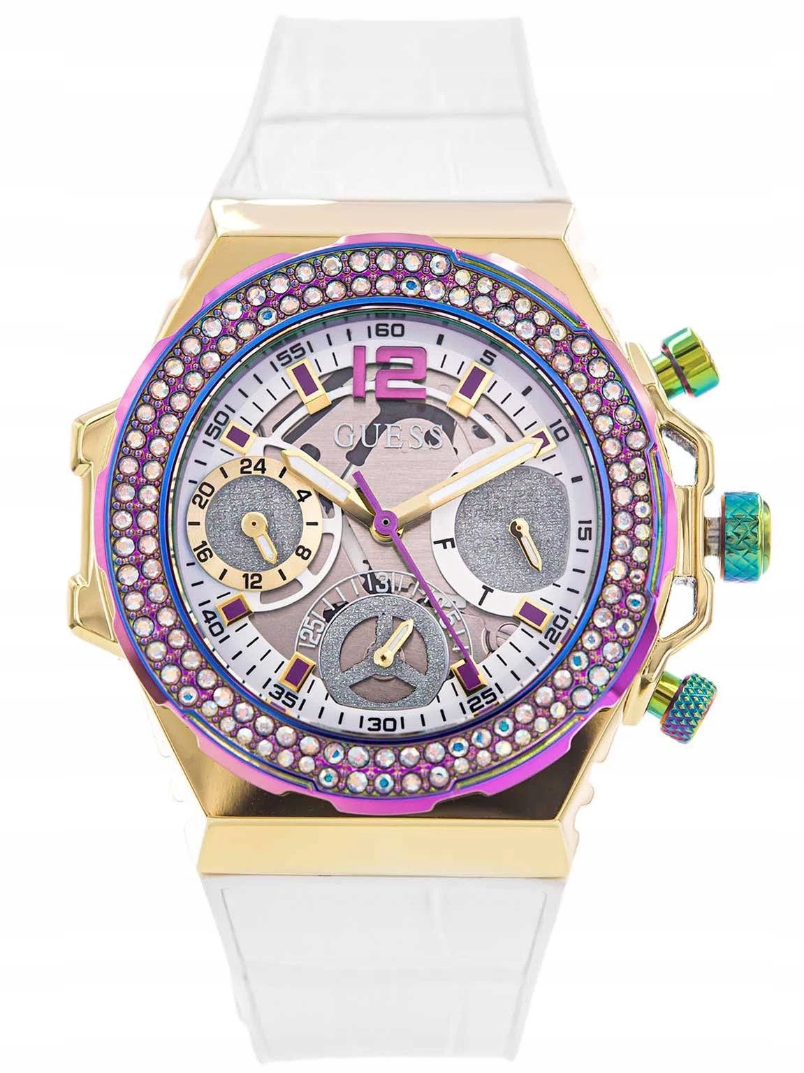 Zegarek Damski Guess Fusion GW0553L2 Na Białym Pasku Cyrkonie Mechanizm
