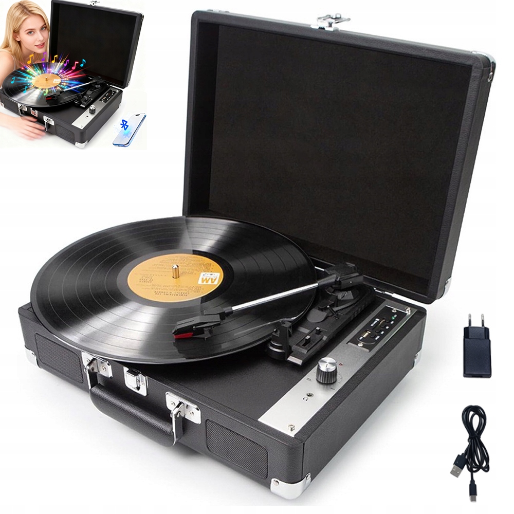 Gramofon w walizce z głośnikami stereo konwersja winyli czarny
