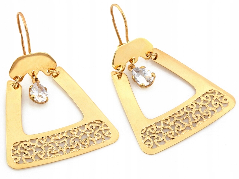 Náušnice zlaté 585 velké závěsné módní trojúhelníkové s zirkonem a ažurovým dárek
