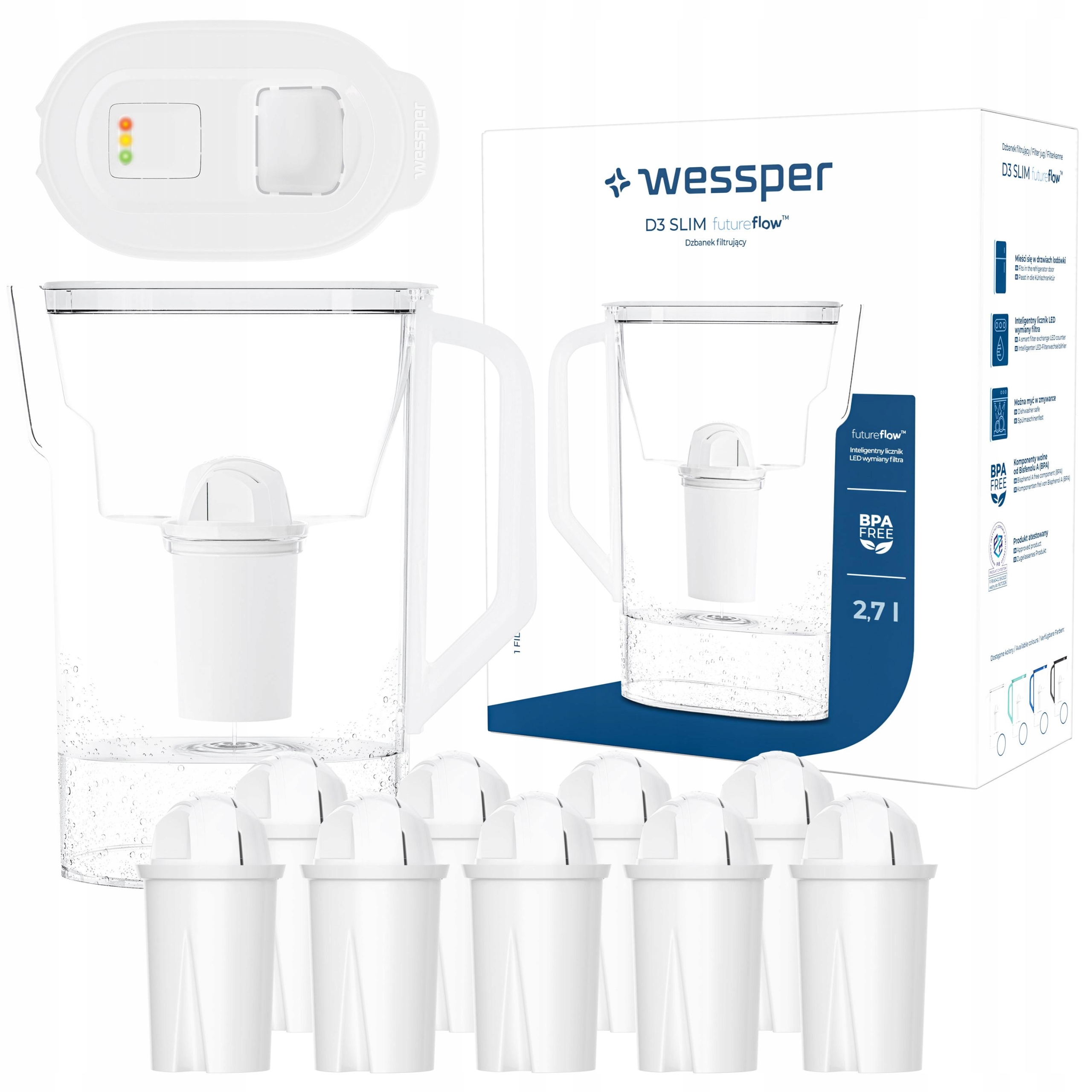 Filtrační konvice do chladničky Wessper D3 Slim s Led počítadlem 10x filtr