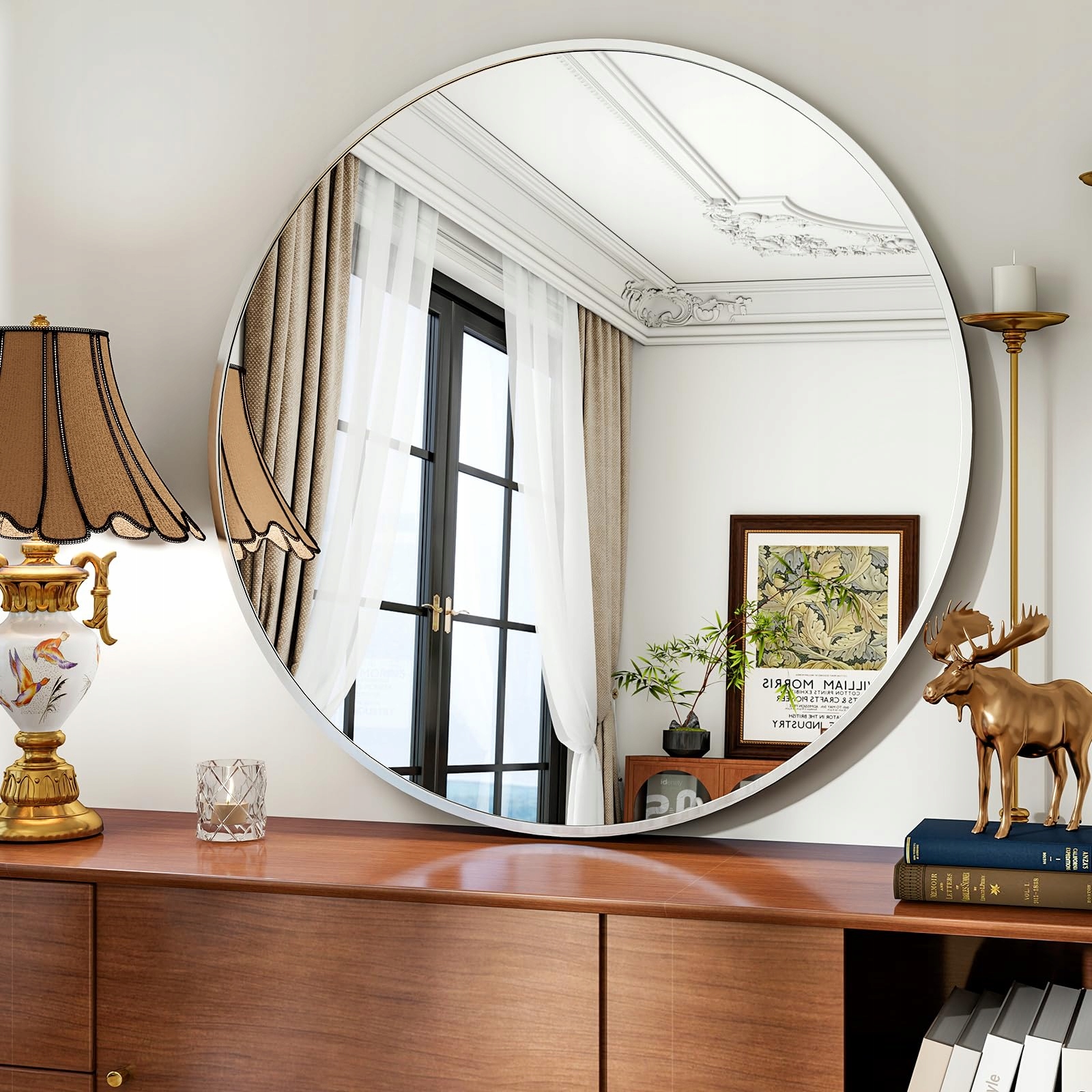 Koonmi Okrúhle nástenné zrkadlo Kovový rám veľké 91 cm Strieborné