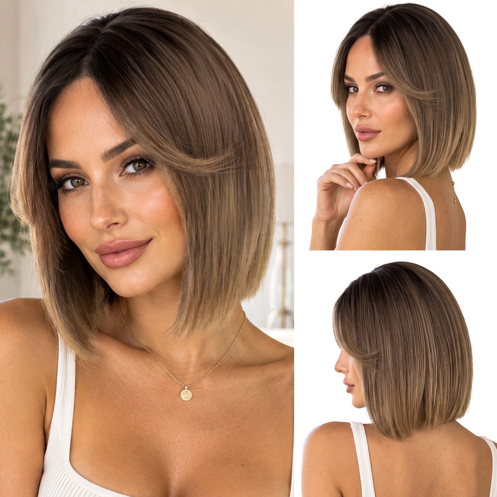 Peruka syntetyczna 30cm Bob z długą grzywką Top Lace brąz ombre z odrostem