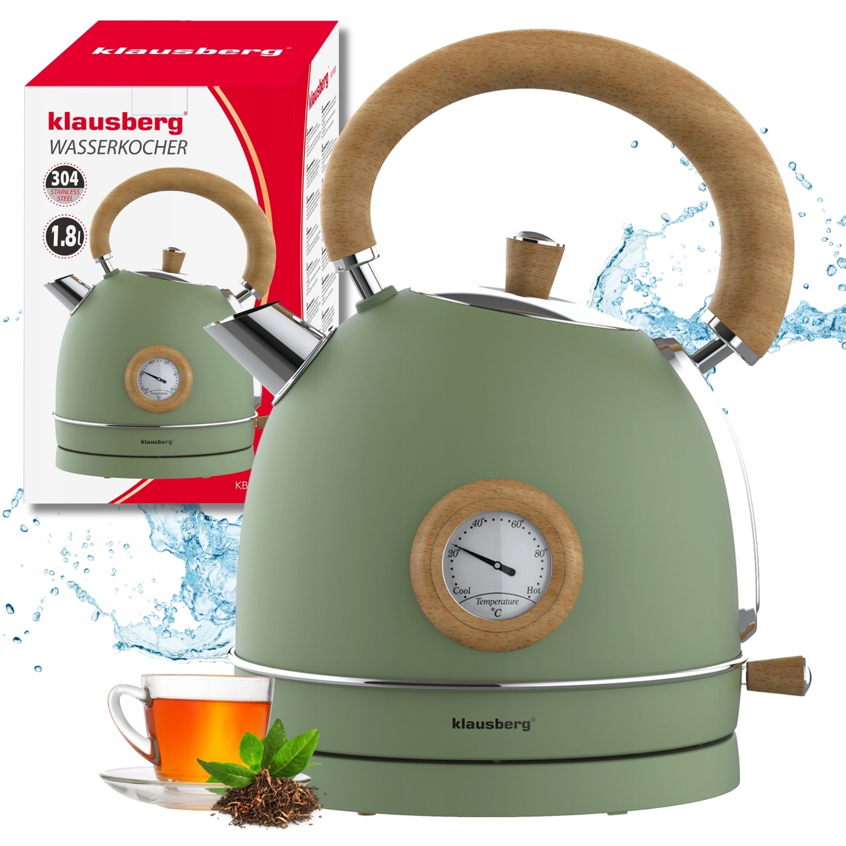 Czajnik elektryczny 1.8L stal 304 Retro Klausberg KB-9008 Zielony Drewno