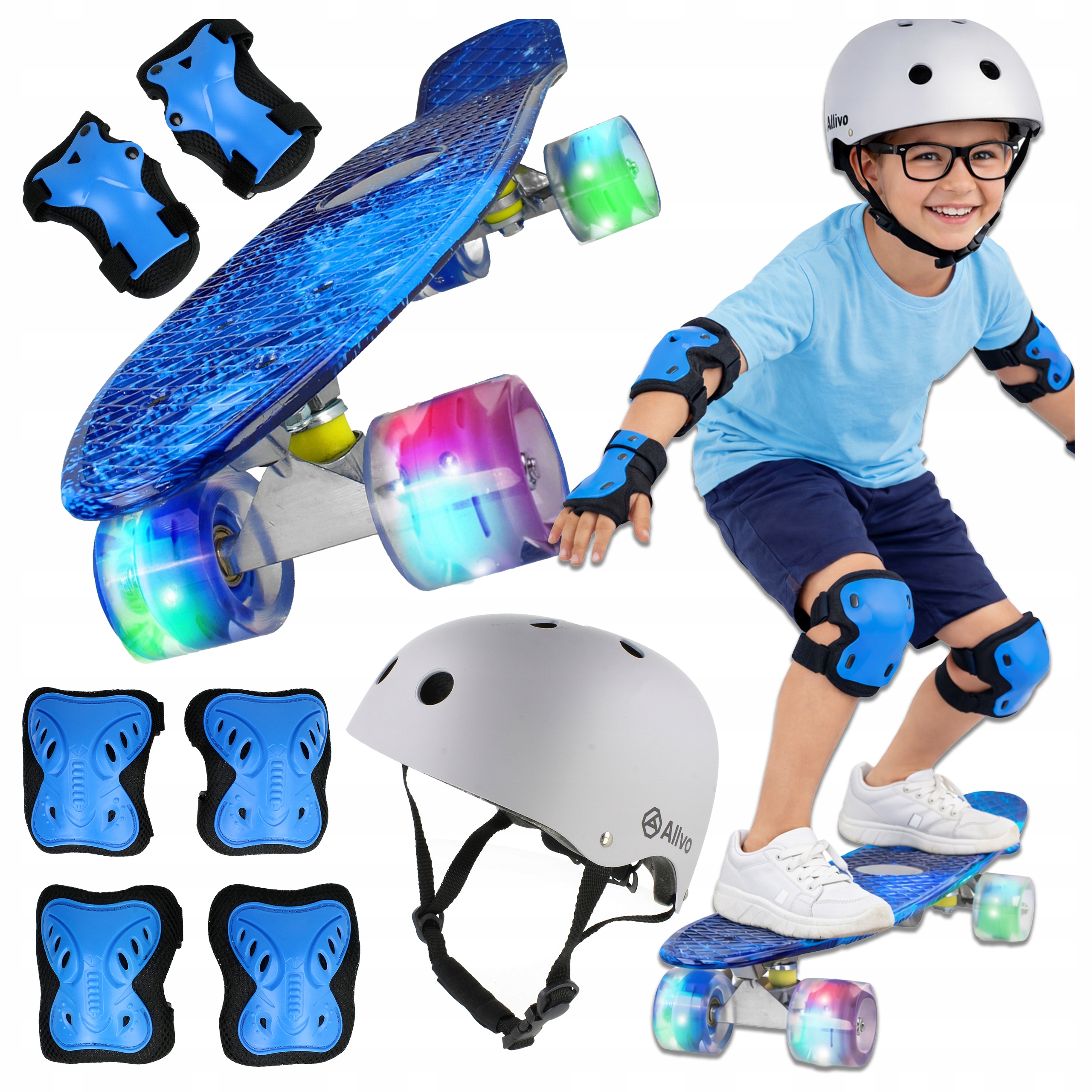 Zestaw deskorolka fiszka Led 56 cm dla dzieci kask 54-58 ochraniacze