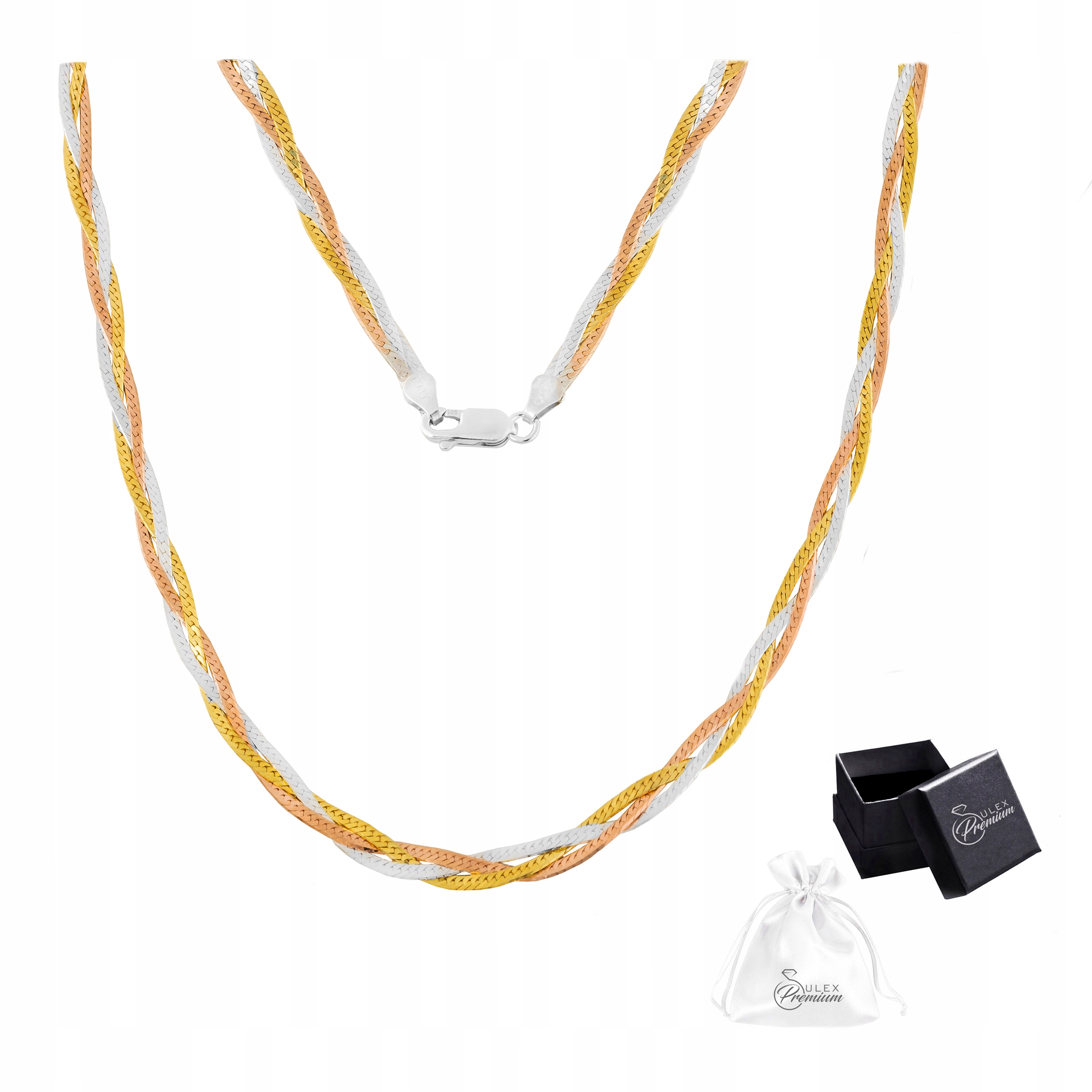 Stříbrný řetízek ryzost 925 Elegantní náhrdelník Copánek tříbarevný 50 cm