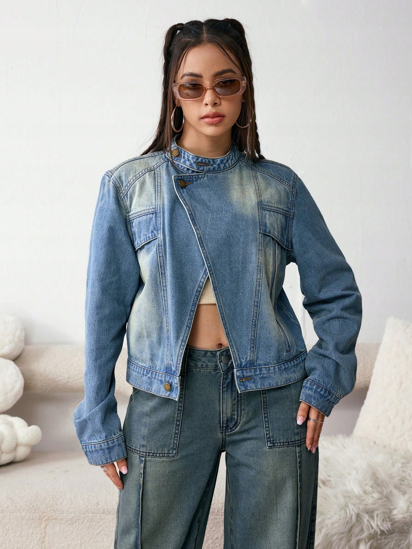 Dámská Vintage Džínová Bunda Asymetrická, Stylová Modrá Shein, Velikost 40