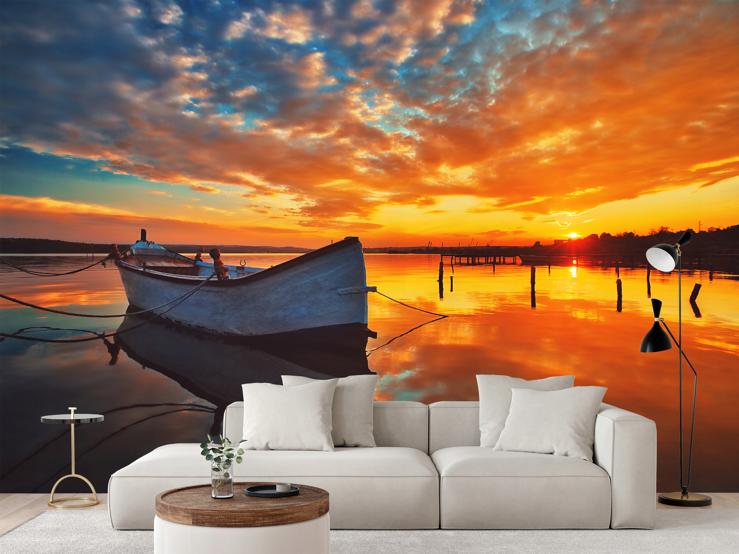 Fototapeta Romantický Západ Slunce Loďka Jezero Příroda 270 x 180 cm