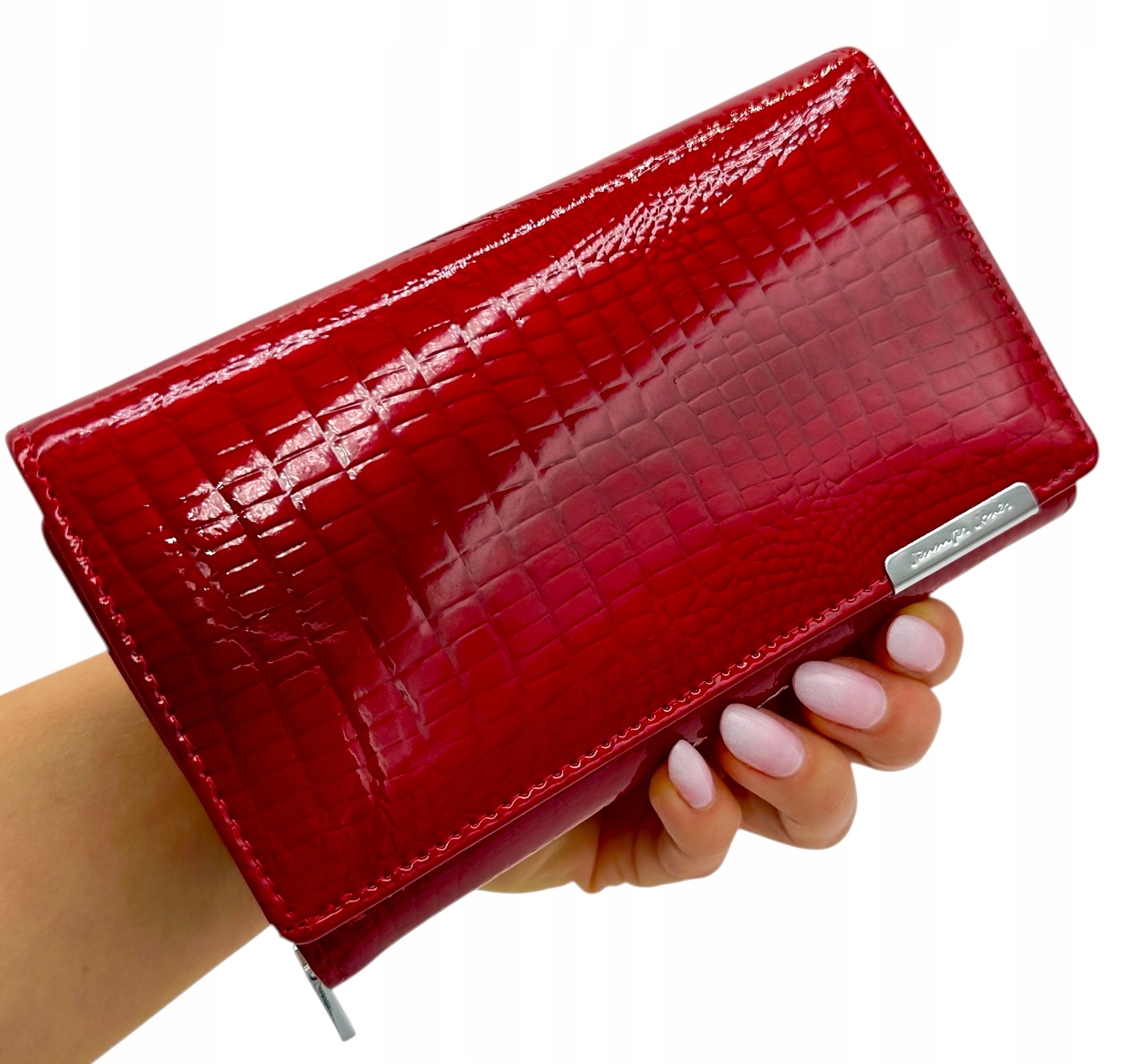 Portfel Damski Skórzany Czerwony Lakierowany Duży Pojemny Zamek Rfid