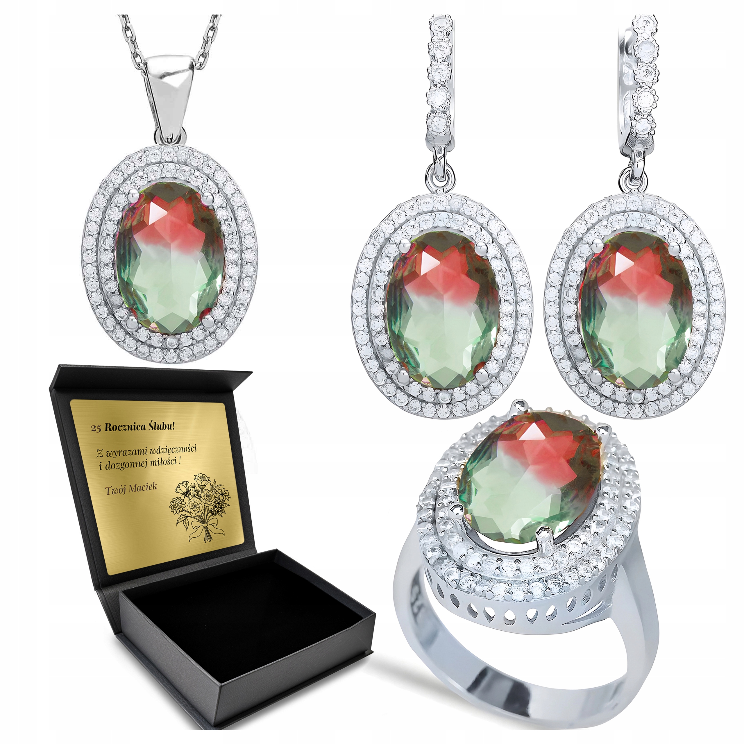 Sada Stříbrných Šperků 925 Zirkony Turmalín Sada Pro Ženu Gravírování