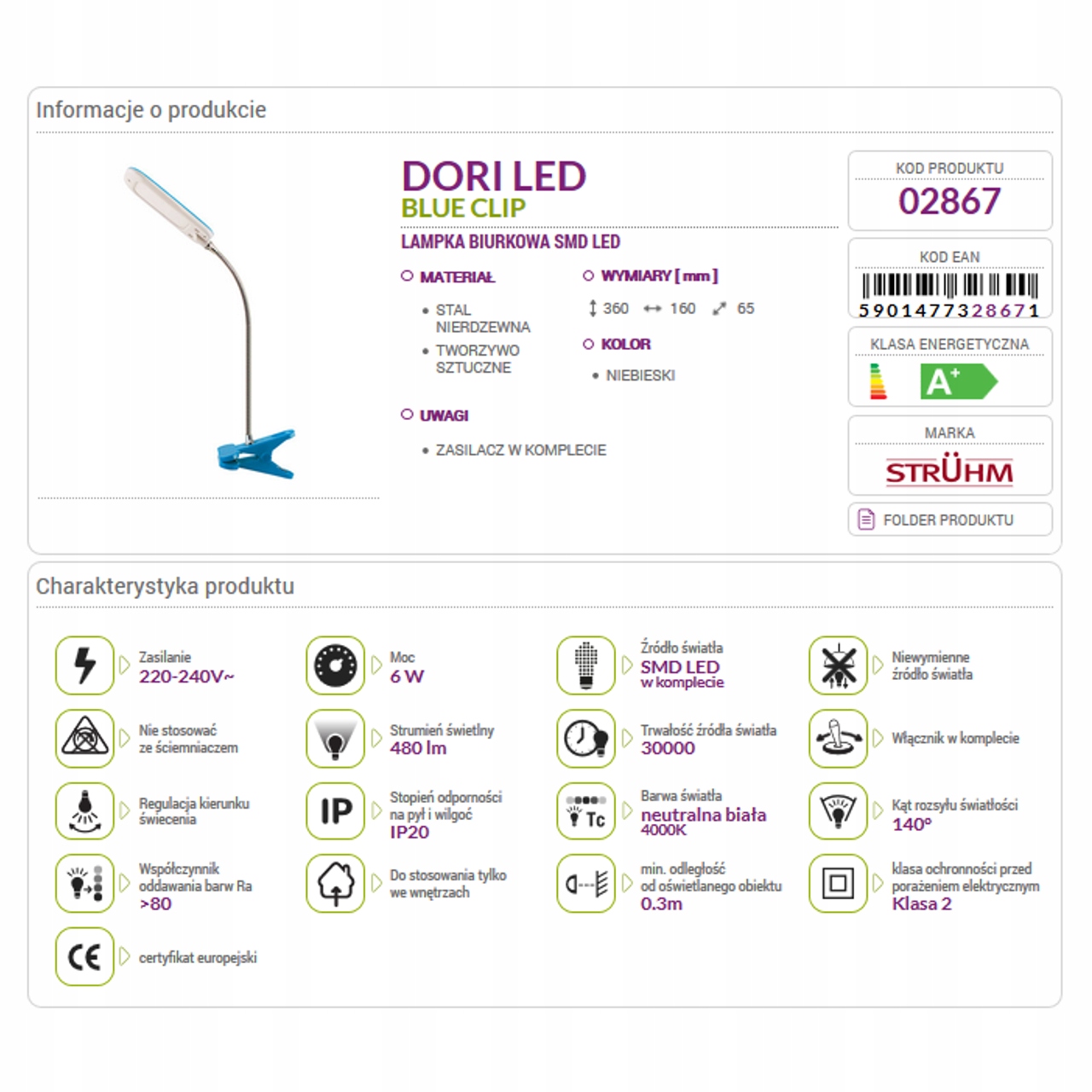 Lampka biurkowa klips DORI LED 6W niebieska STRUHM Kod produktu 02867